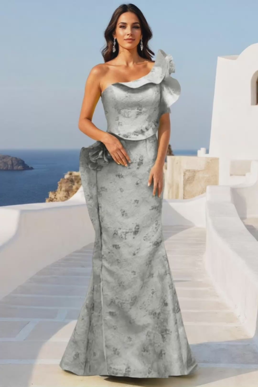 Ruffled One-Shoulder Jacquard Mermaid Gown with Slit - 261E6678