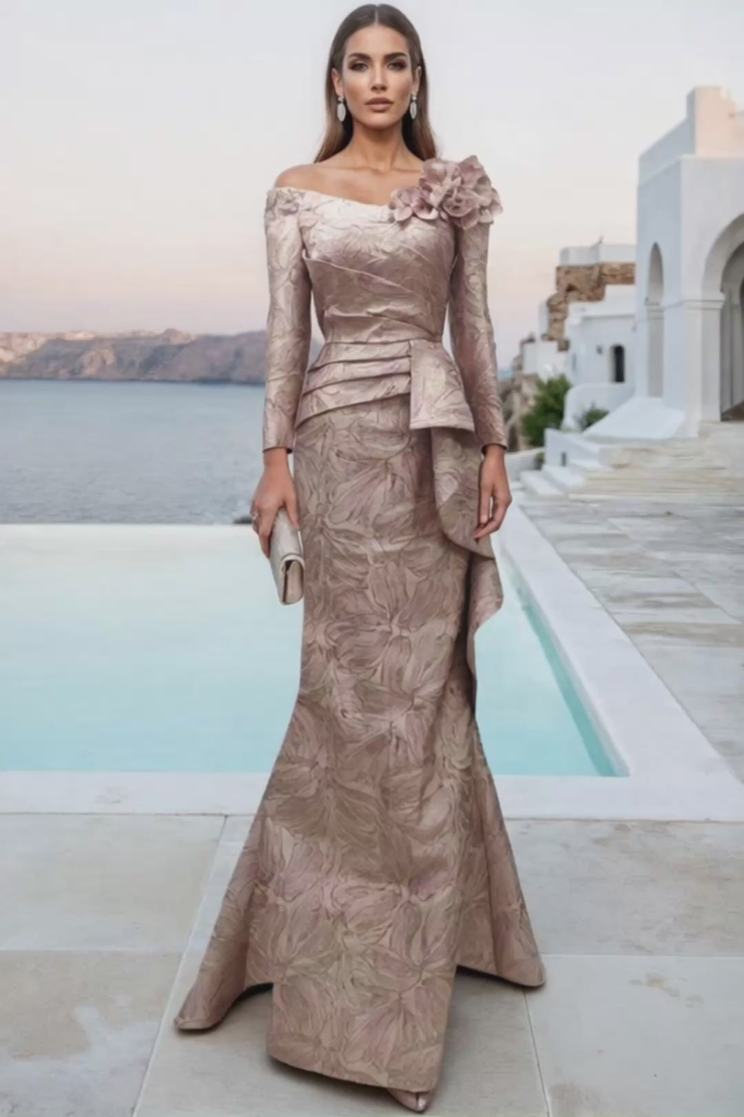 Off-Shoulder Jacquard Trumpet Gown with Long Sleeves - 261M6448