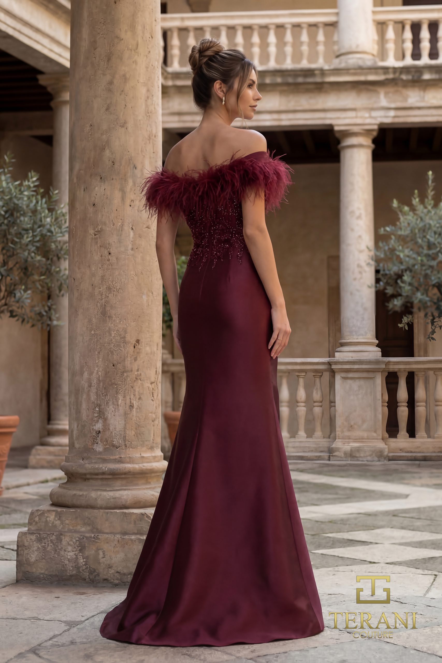 Off-Shoulder Feather Neckline Beaded High Slit Mermaid Long Dress – 1821E7142