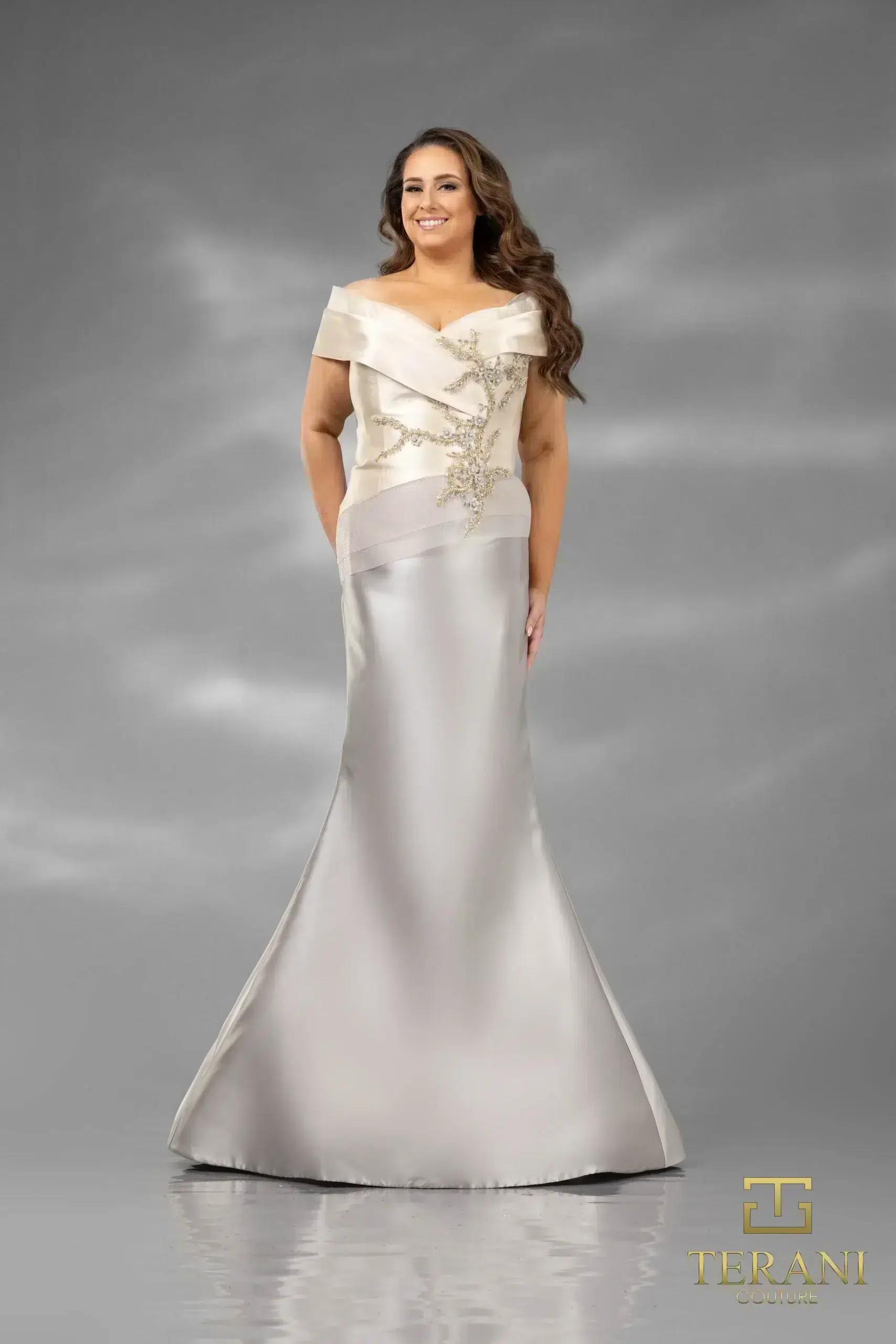 Plus Size Two tone off shoulder Mikado Mother of Bride gown – 2011M2159