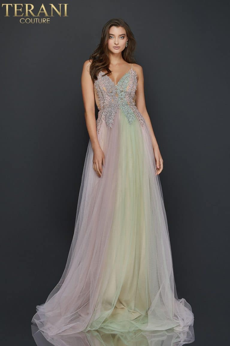 Pearl beaded long prom gown with spaghetti straps - 2011P1107