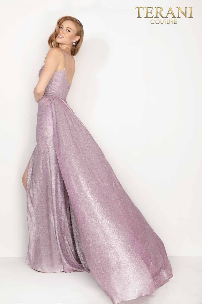 Terani Couture mink metallic high slit prom dress with overskirt – Style number 2011P1164