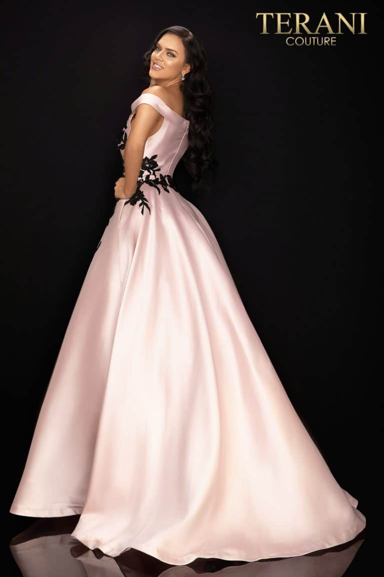 Off shoulder satin prom ball gown – Style number is 2011P1229, color is Blush Black