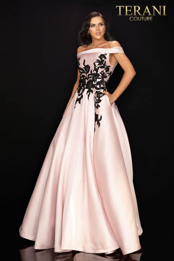 Off shoulder satin prom ball gown – Style number is 2011P1229, color is Blush Black