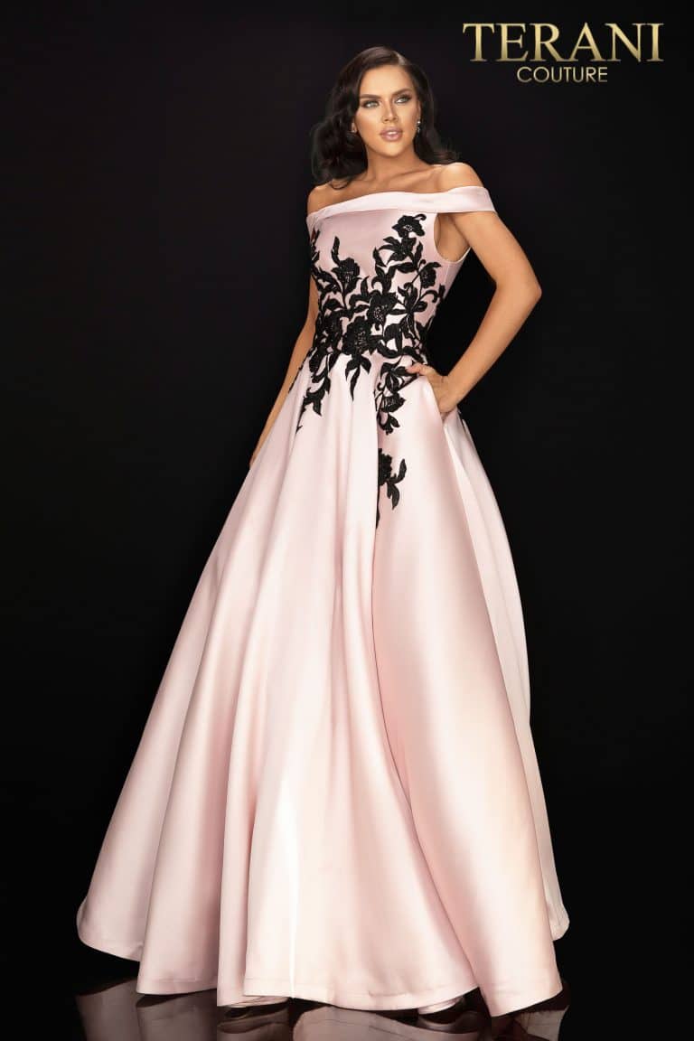 Off shoulder satin prom ball gown – Style number is 2011P1229, color is Blush Black