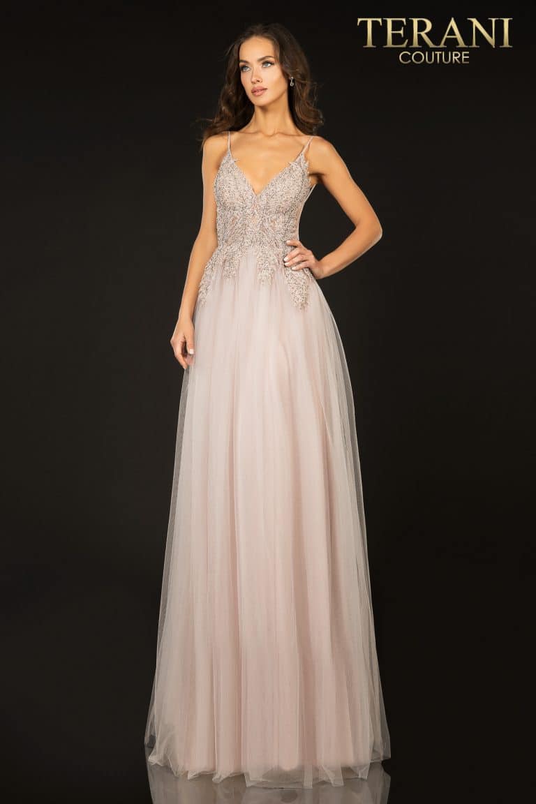 Pearl beaded long prom gown with spaghetti straps - 2011P1107
