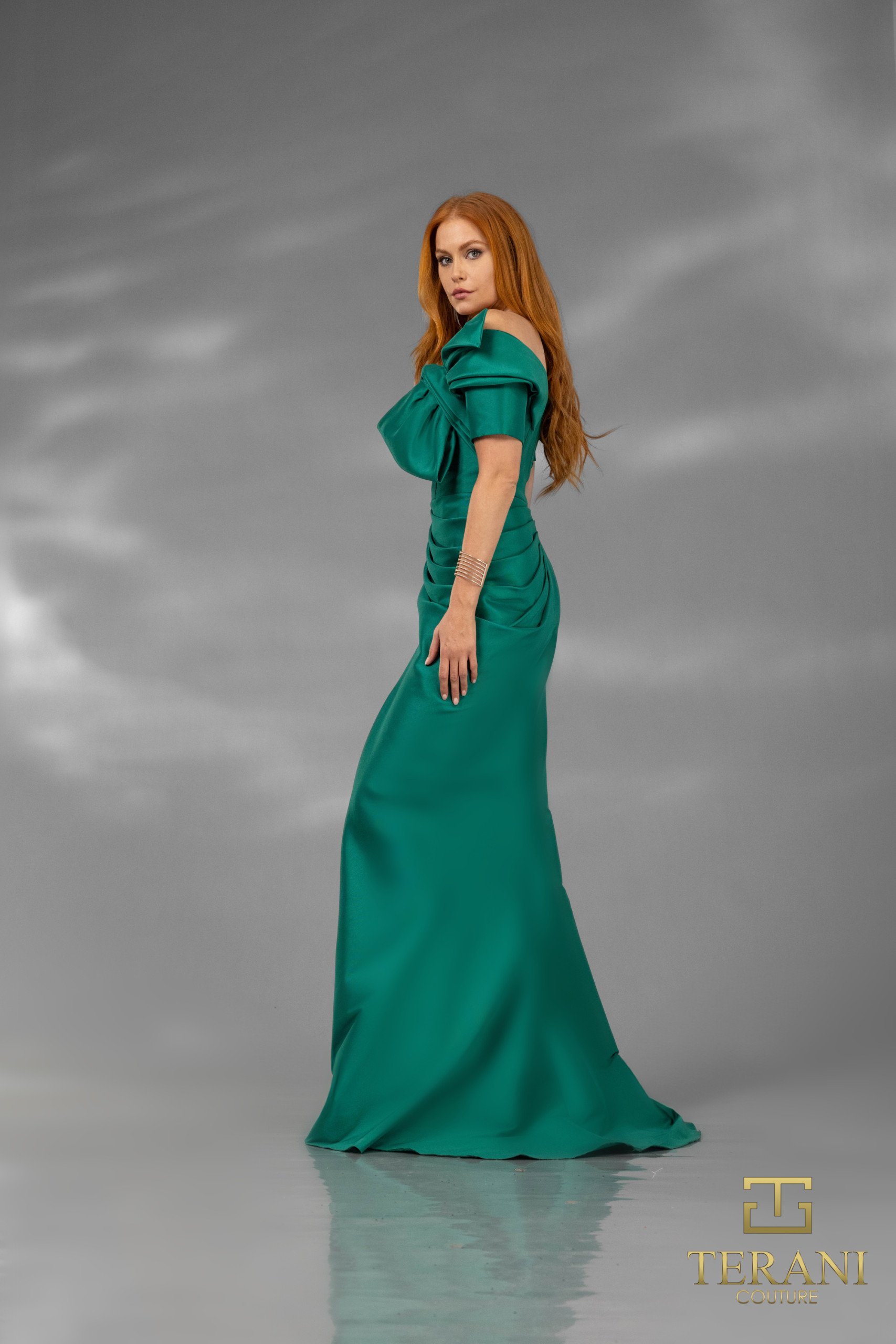 241E2413 Trumpet Off-Shoulder Embroidered Stretch Mikado Column Evening Dress