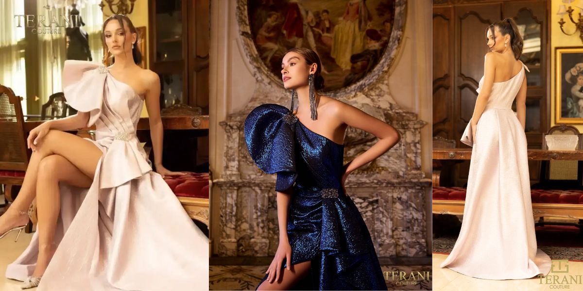 241E2515 Metallic Jacquard One Shoulder Long Ballgown Dress