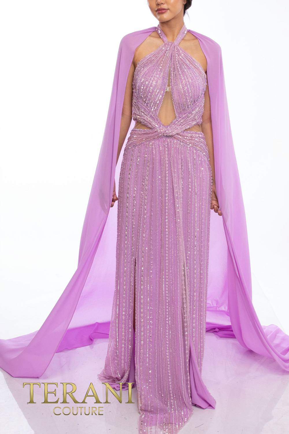 241GL2622 Halter Neck Metallic Foil Column Evening Dress
