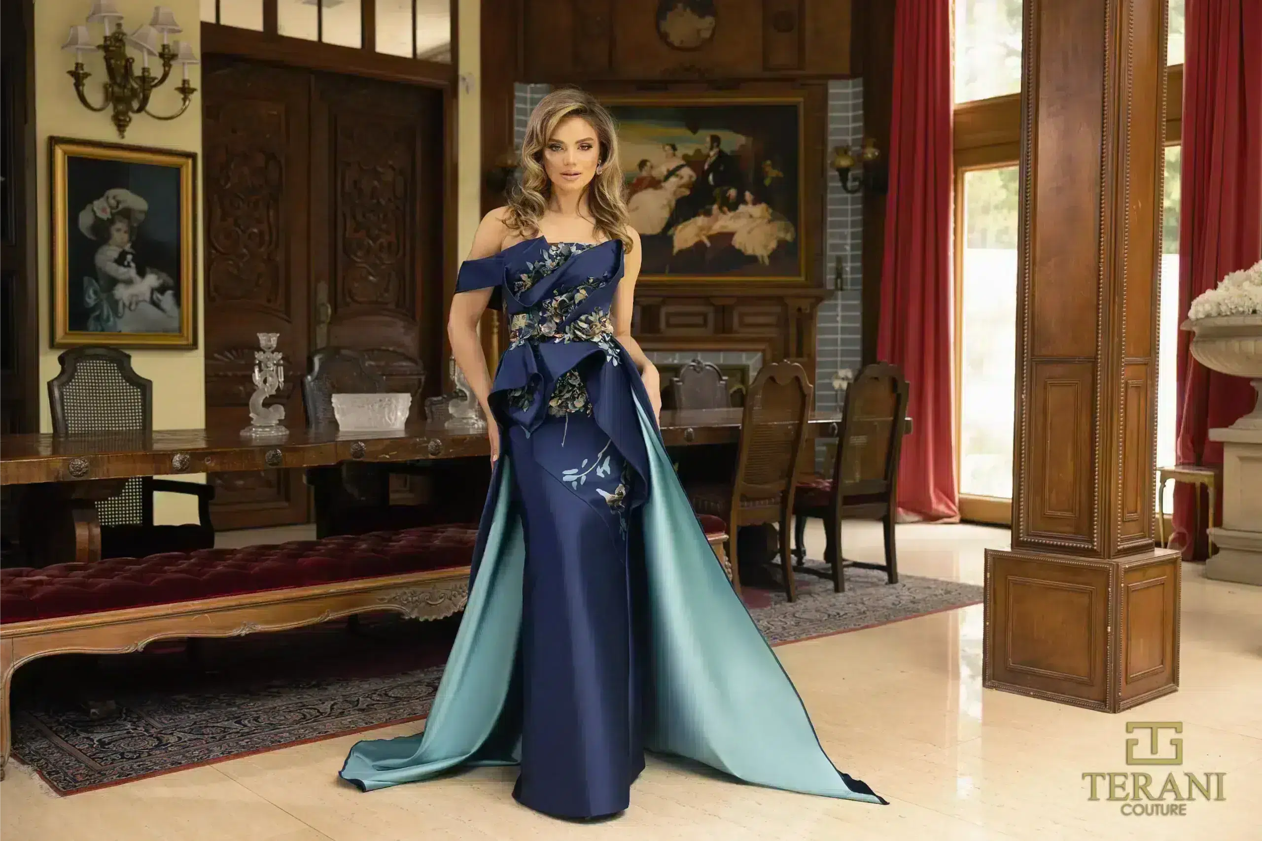Printed Jacquard Strapless Blue Ballgown