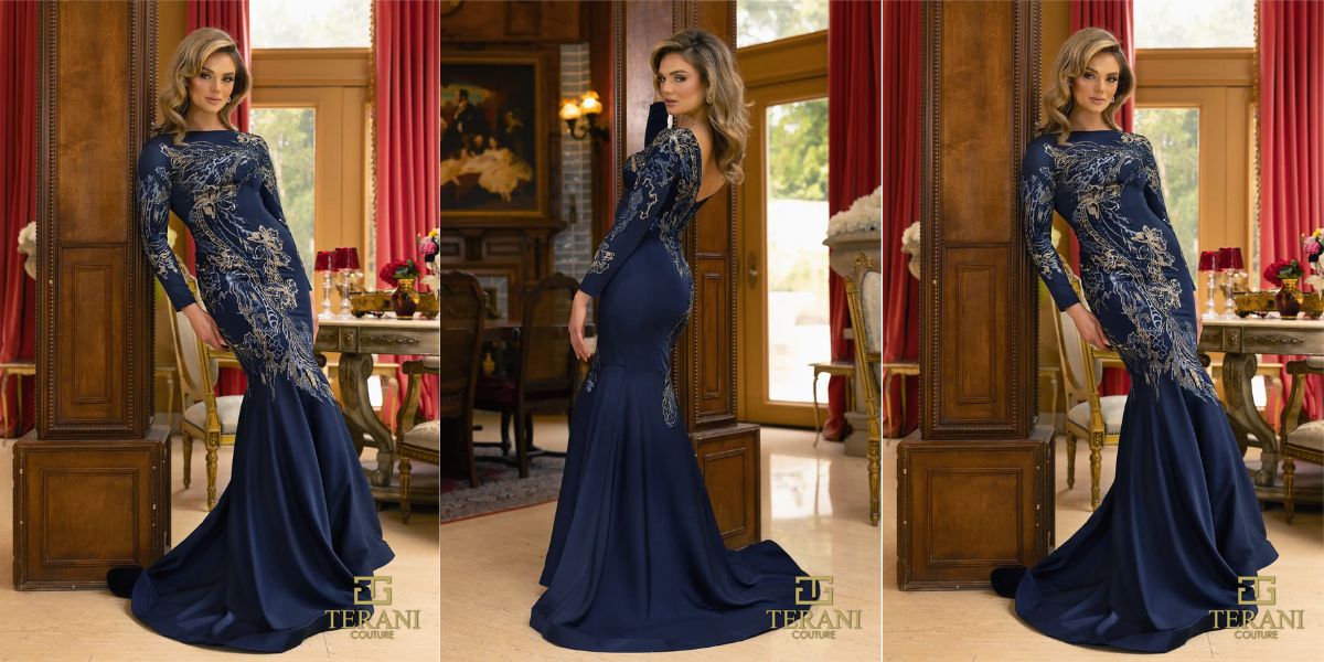 242M3331 Satin Long Sleeves Boat Neck Trumpet Dress