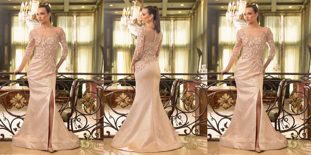 242M3374 Jacquard 3_4 Sleeves Trumpet Dress