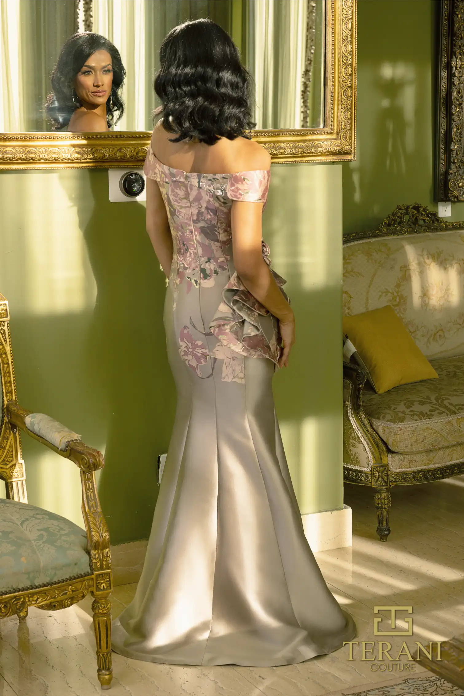 242M3381 Print Mikado Off-Shoulder Long Trumpet Dress