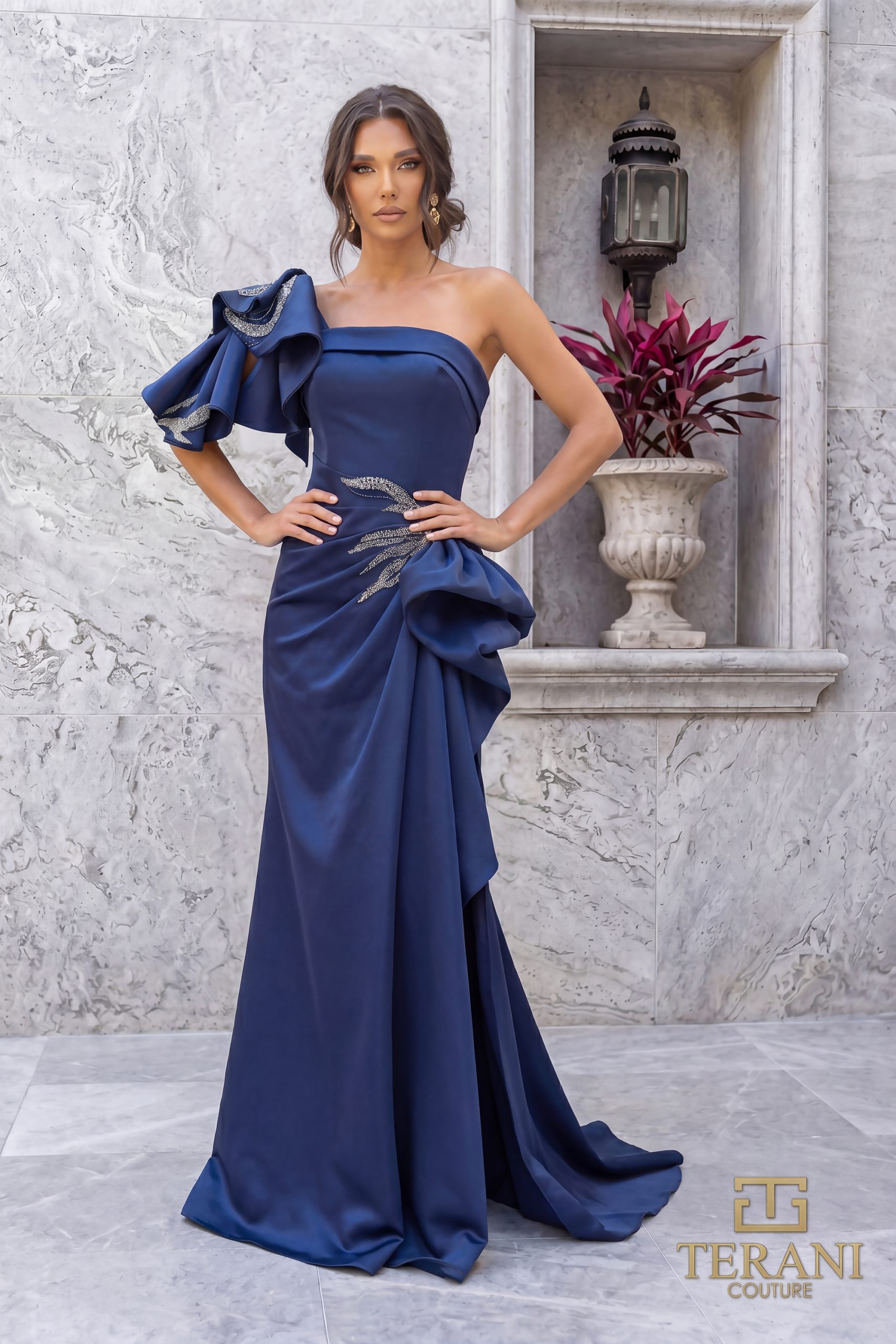 242E3117 Stretch Mikado One Shoulder Long Column Dress