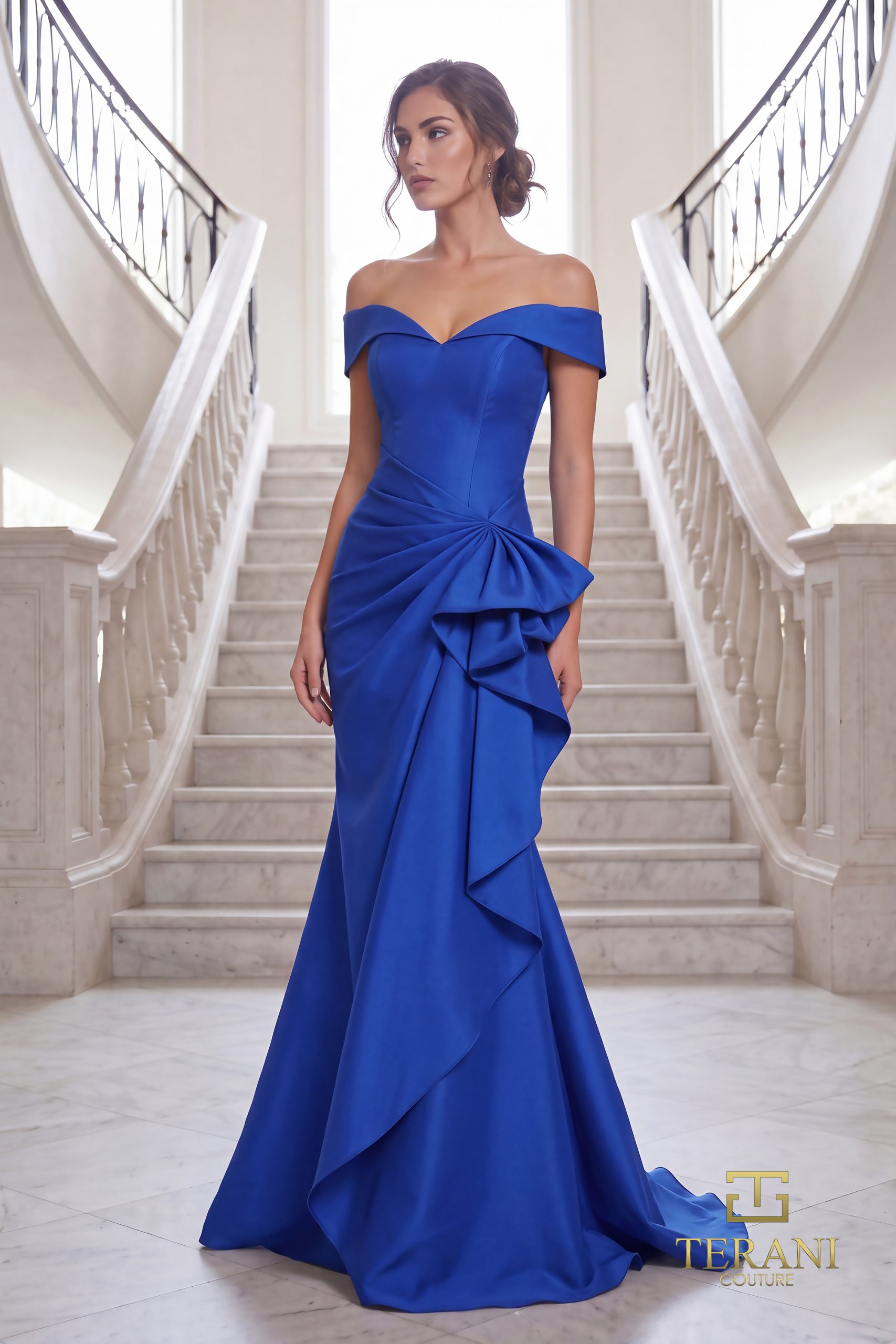 Plus Size 242M3335 Stretch Mikado Off-Shoulder Long Column Dress