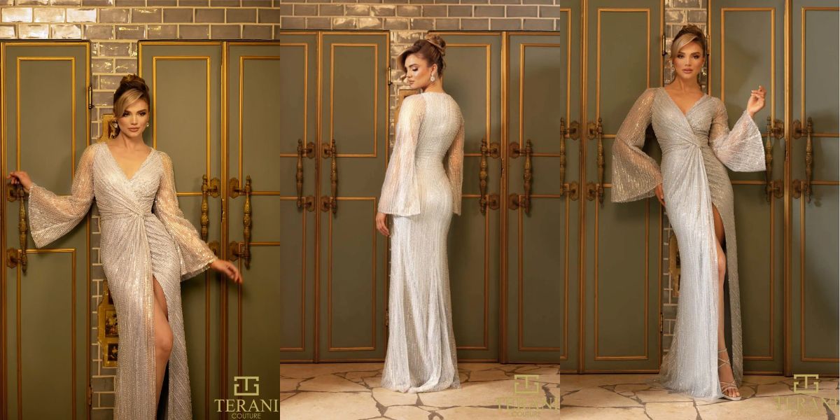 242m3360 V-Neck Bell Sleeves Long Sequin Dress