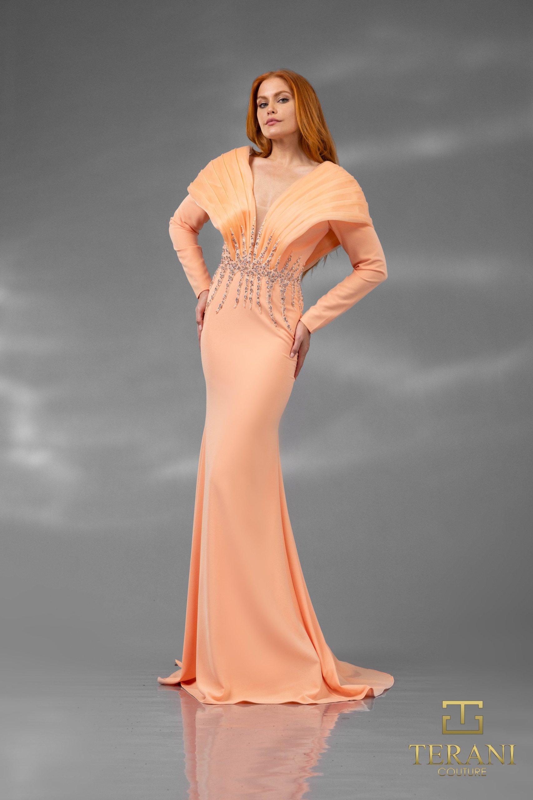 251E4222 V-neck Long Sleeves Fit And Flare Evening Dress