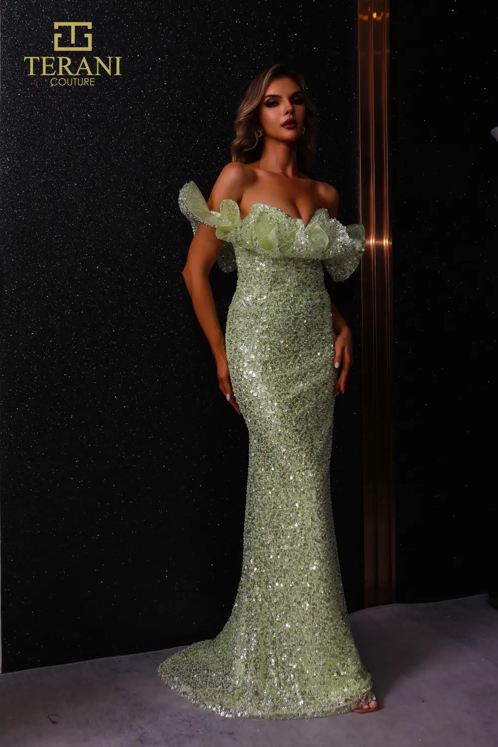 251E4330 Off The Shoulder Fit And Flare Evening Dress