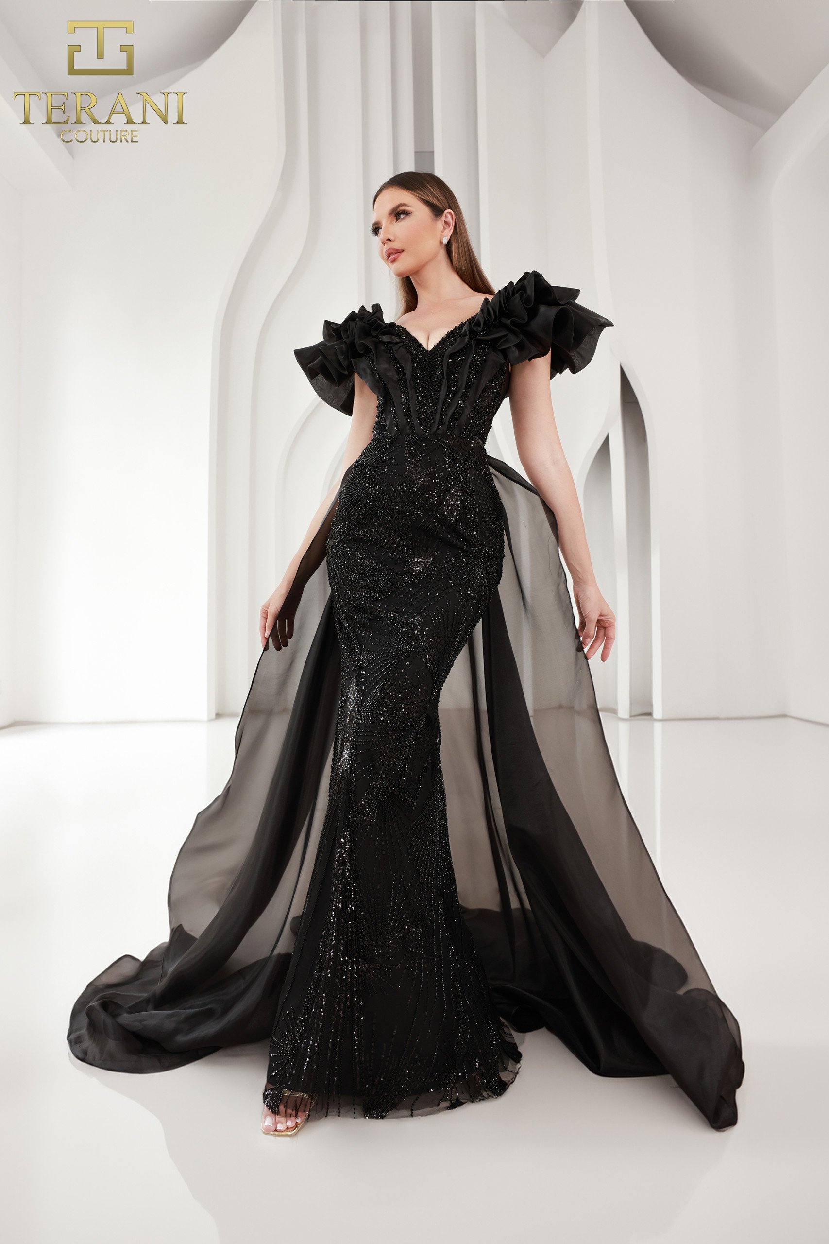 251GL4357 V-neck Puff Sleeves Beaded Tulle Sheath Pageant Dress