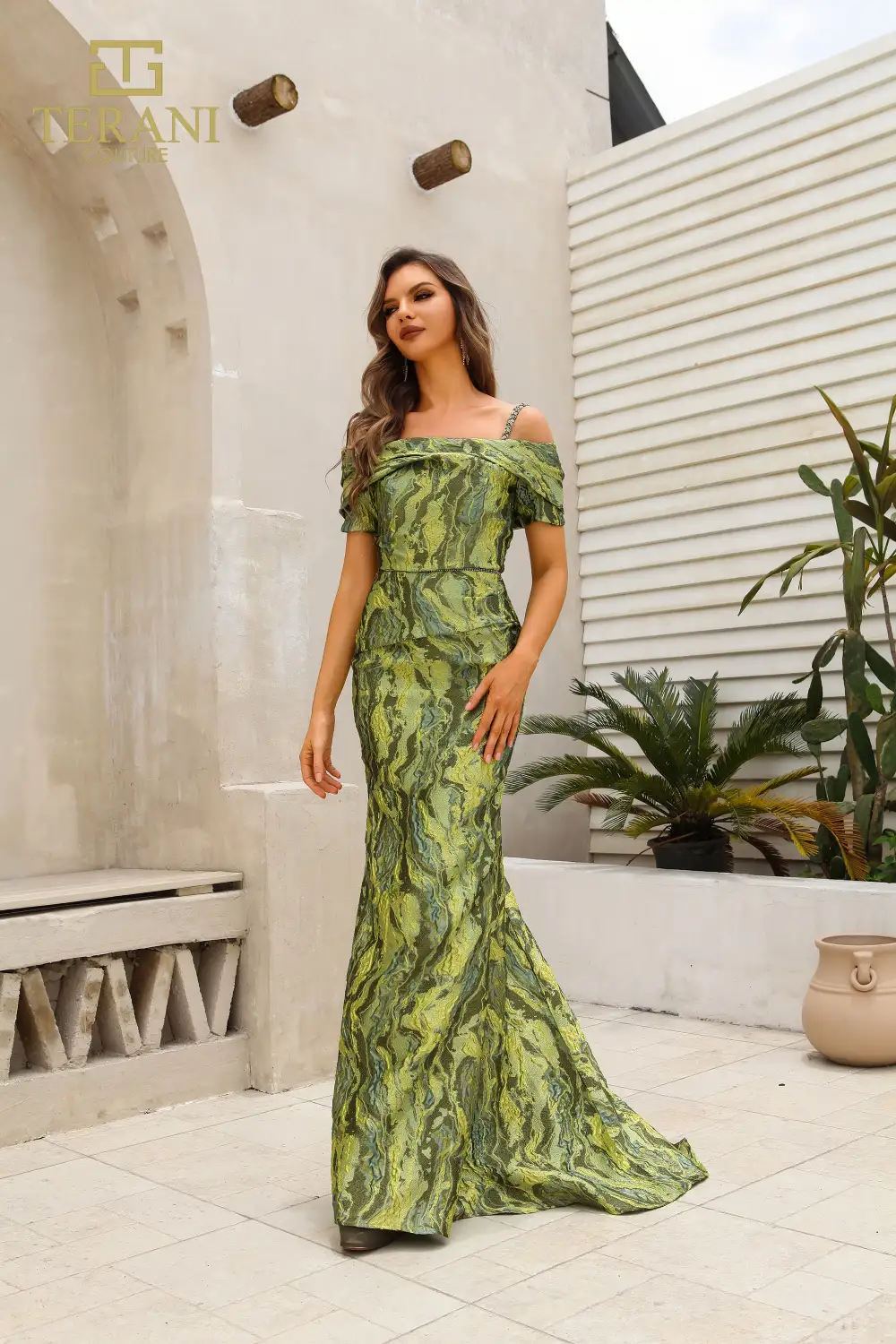 251M4434 Off The Shoulder Cap Sleeves Sheath Long Dress