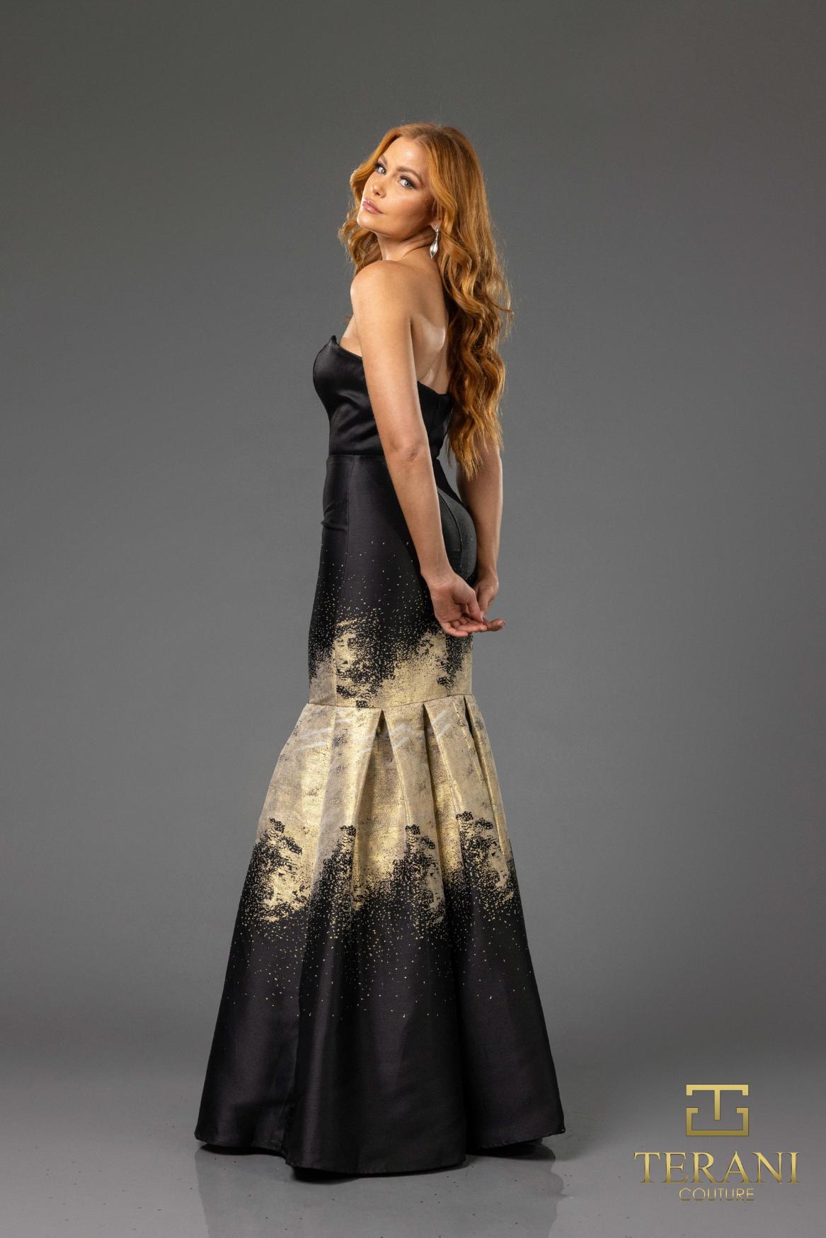 251P0177 Sweetheart Strapless Mikado Print Trumpet Prom Dress