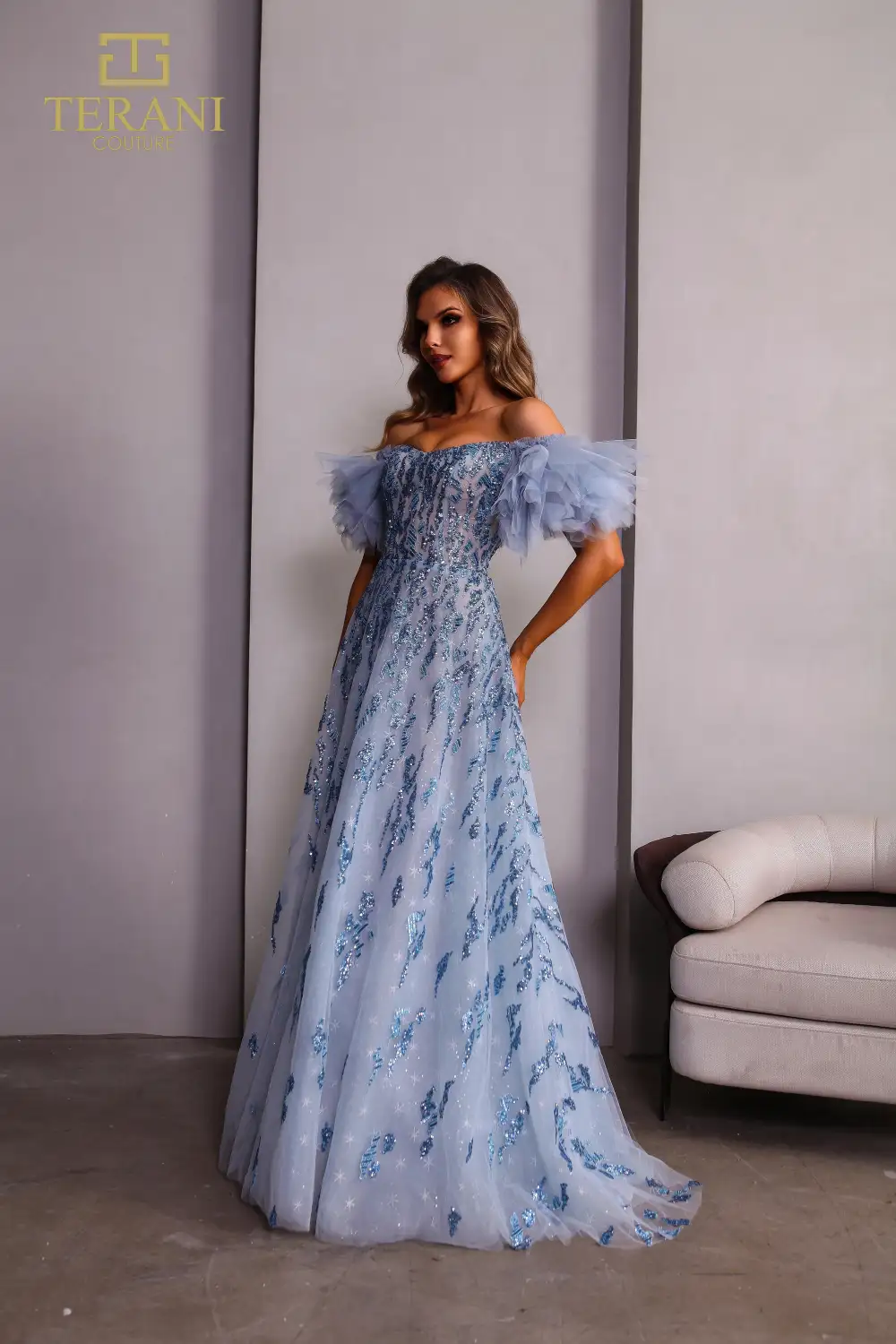 251P4500 A-line Off-Shoulder Straps Tulle Blue Prom Ballgown