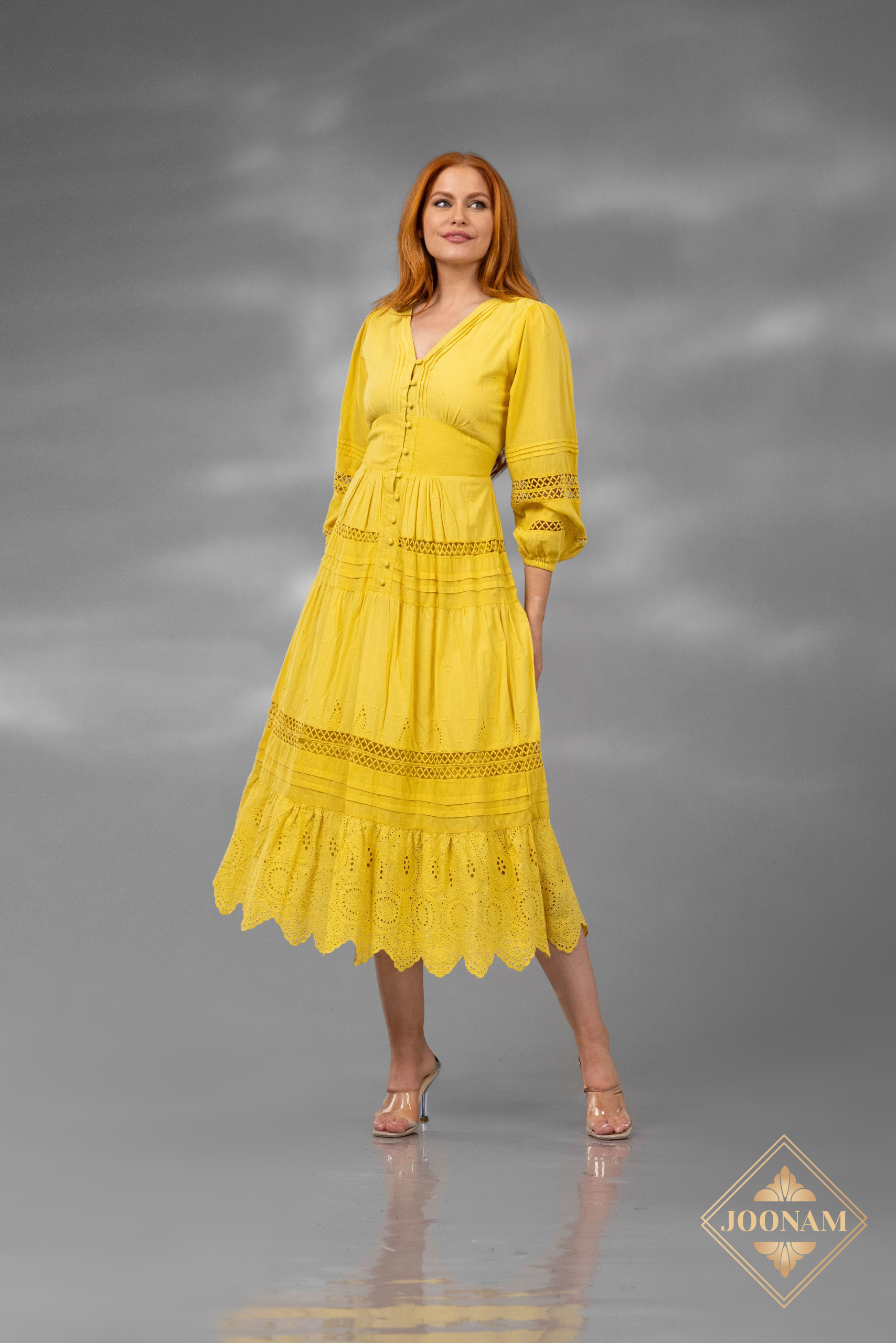 v neck full sleeves a line Cotton Dress - 251S4527
