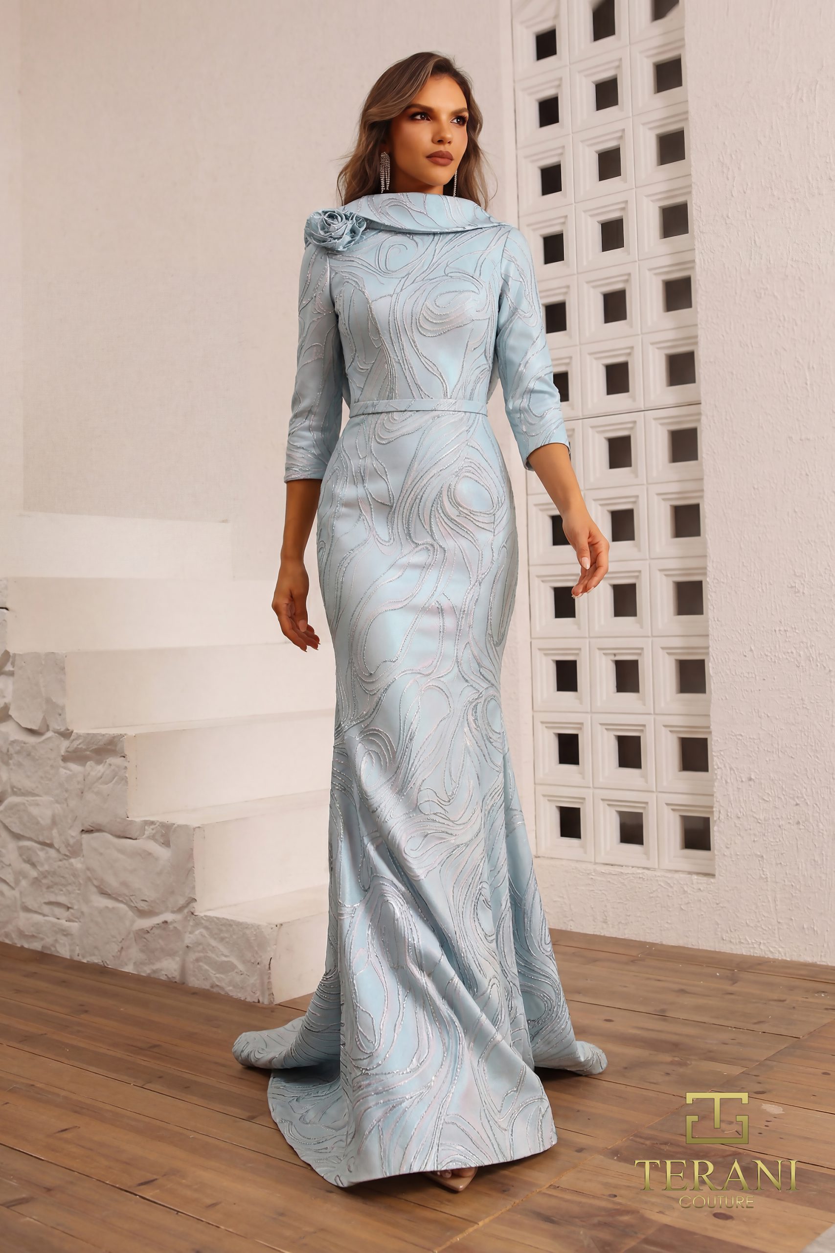 251M4455 Boat Neck Jacquard Long Sheath Champagne Dress