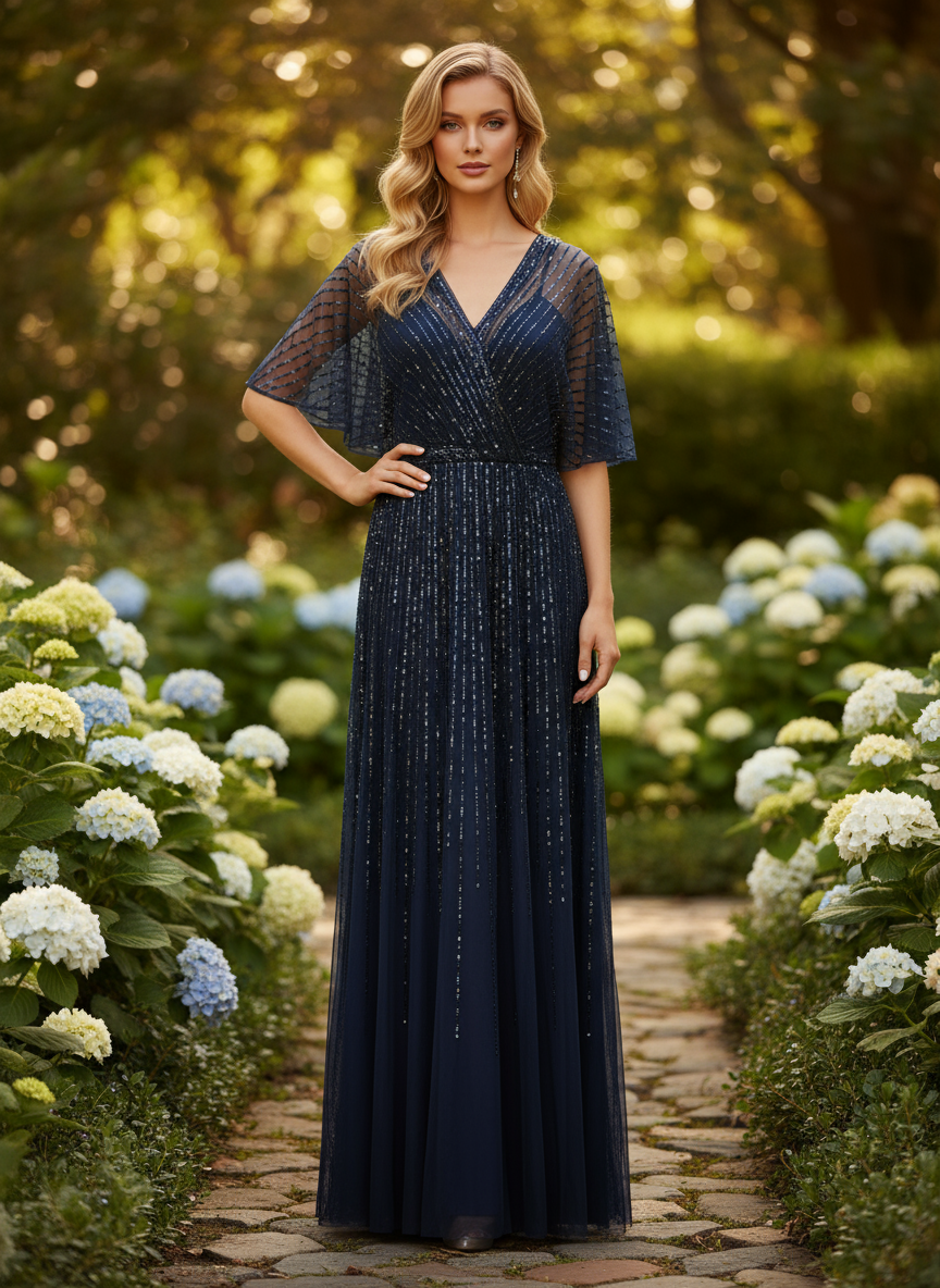 251M4613 V-neck Sequin Long A-line Dress