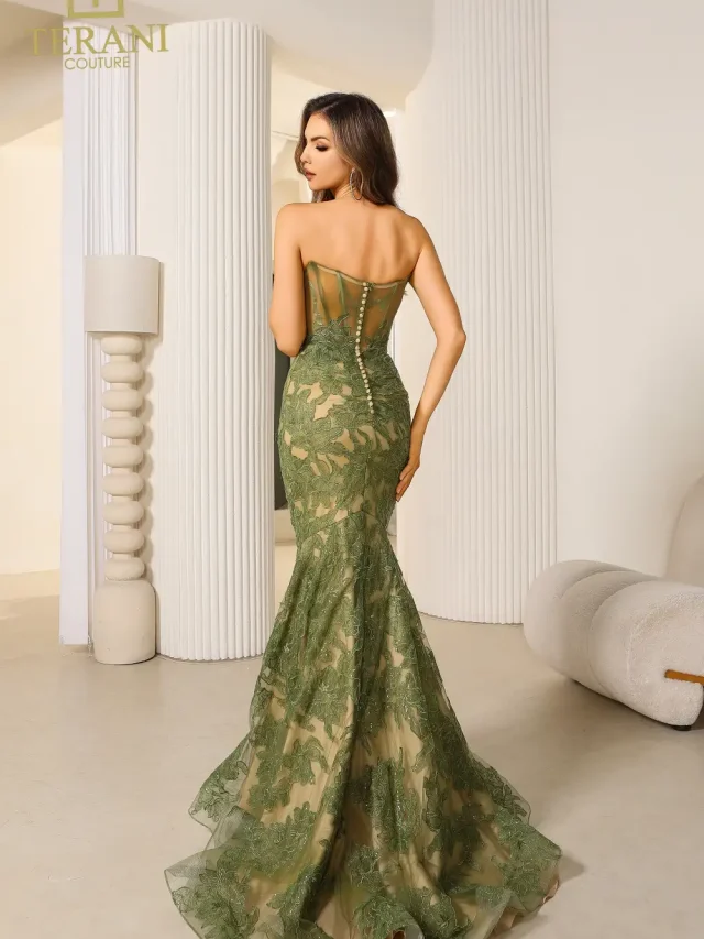 251P4355 Strapless LACE TRUMPET PROM Dress