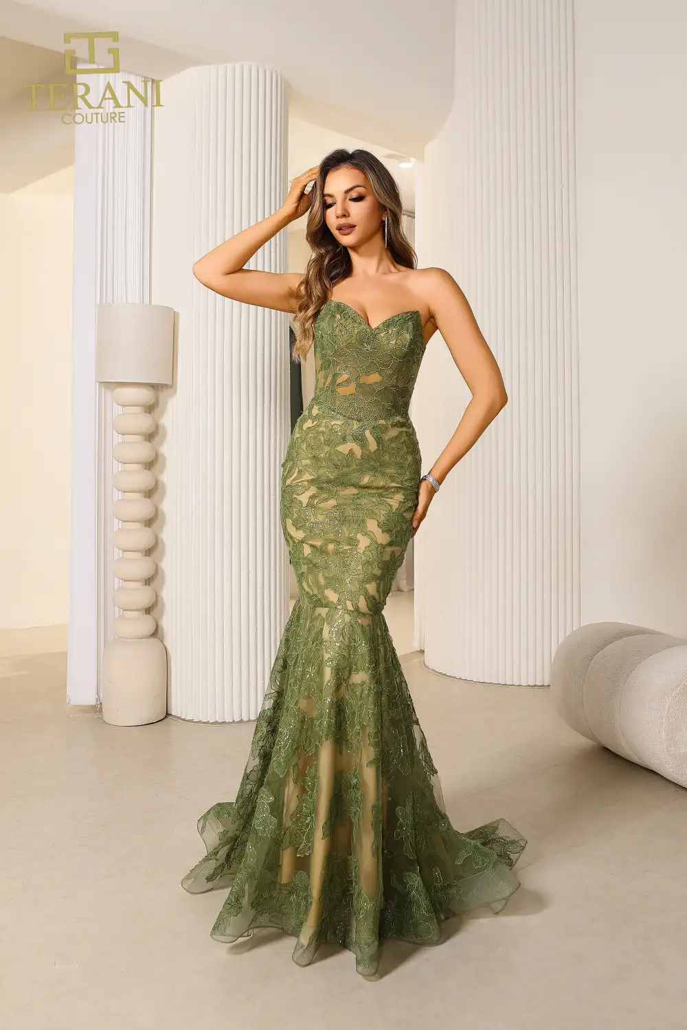 251P4355 Strapless Lace Trumpet Prom Dress