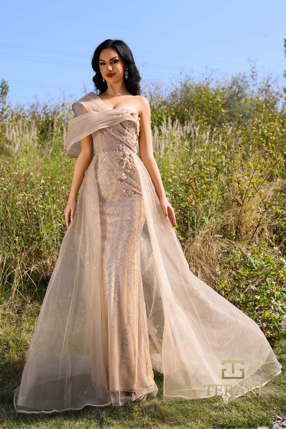 252E5125 – Bodycon Long With Overskirt Evening Dress