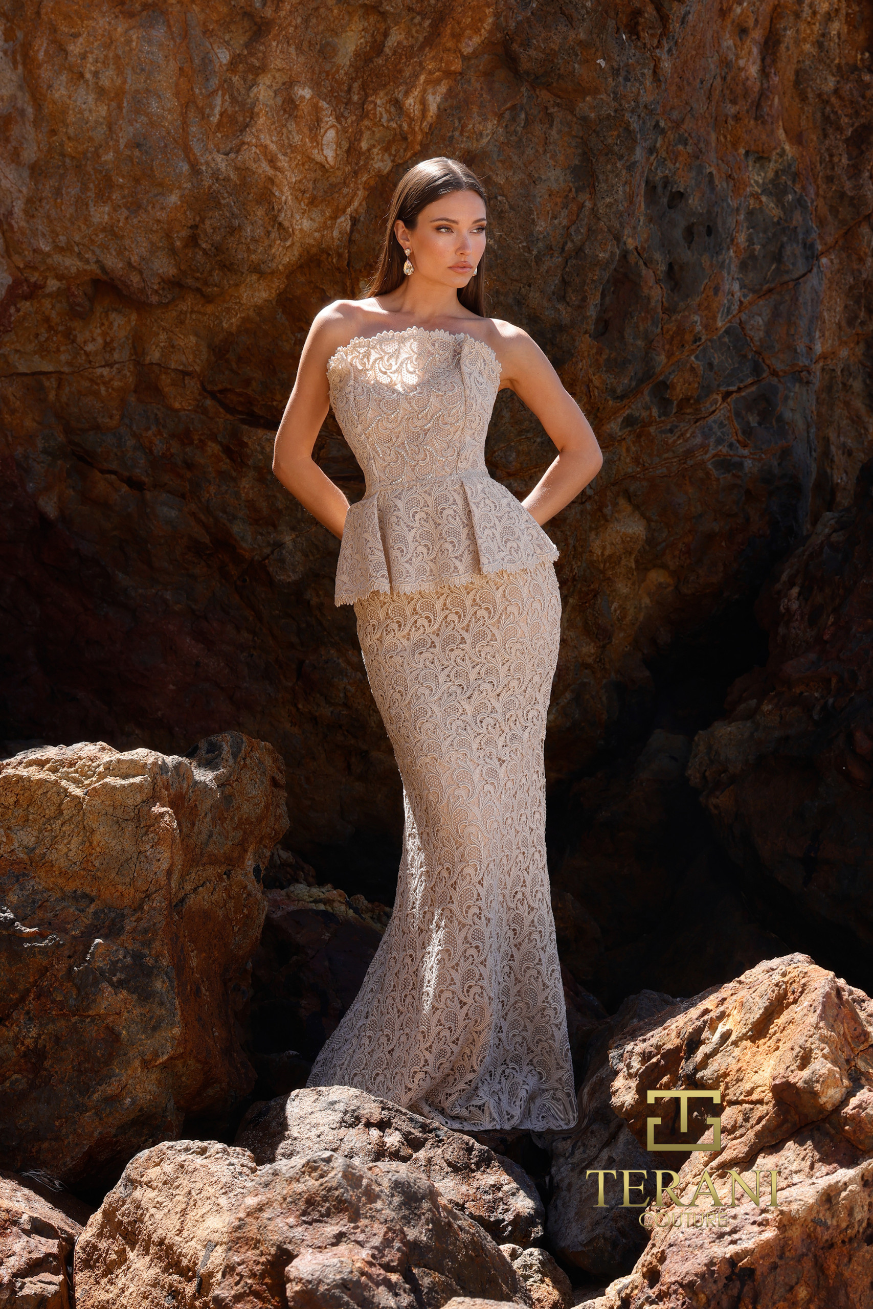 252E5144 – Fit and Flare Long With Peplum Evening Dress
