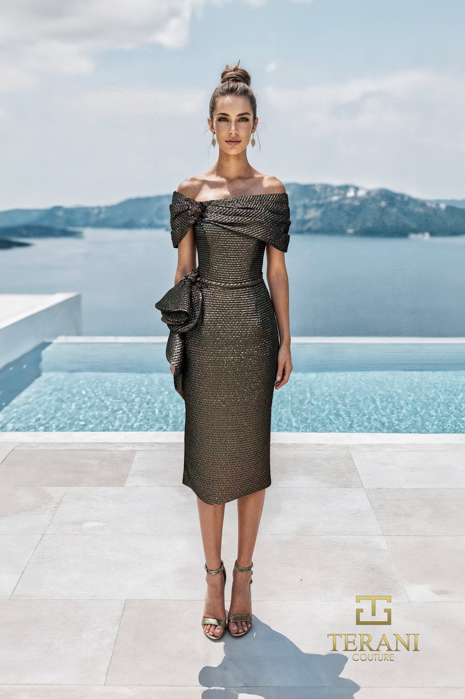 Off-Shoulder Metallic Jacquard Sheath Gown with Slit – 261C6523