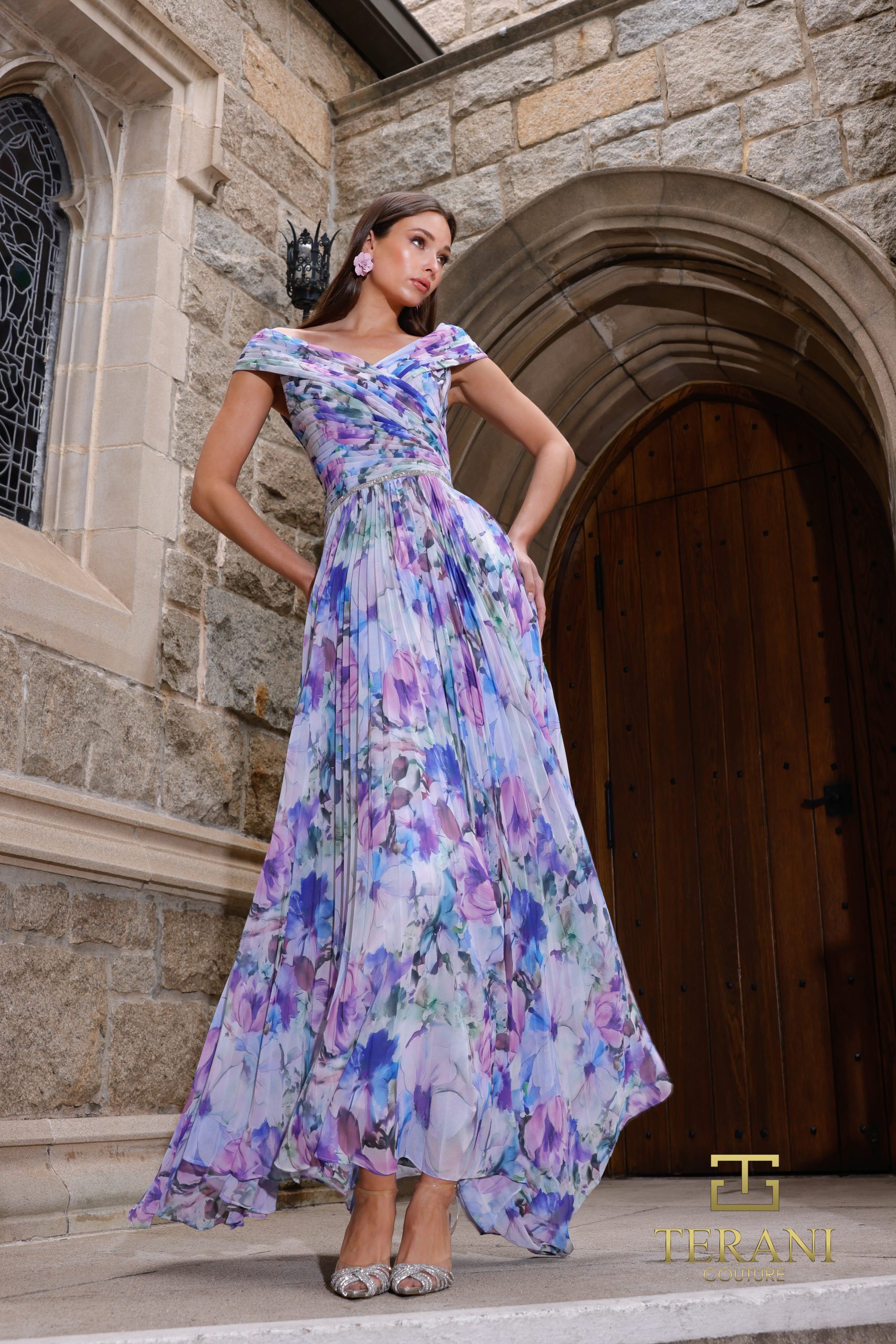 Off-Shoulder Printed Chiffon A-Line Gown – 261C6641