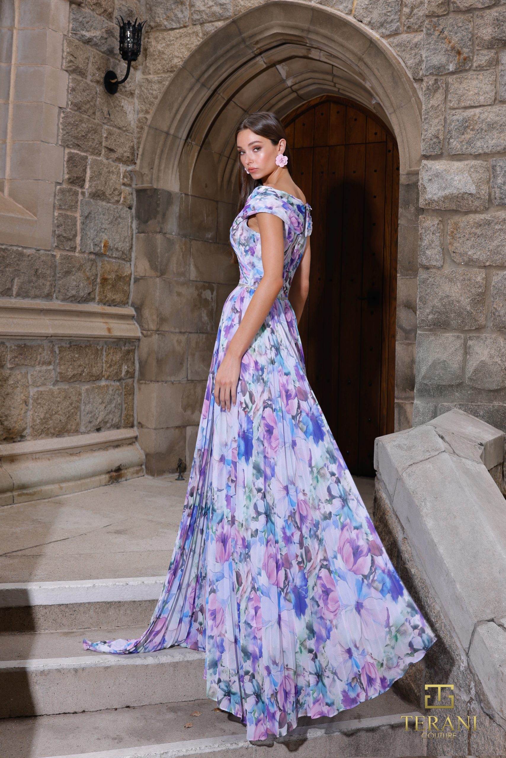 Off-Shoulder Printed Chiffon A-Line Gown – 261C6641