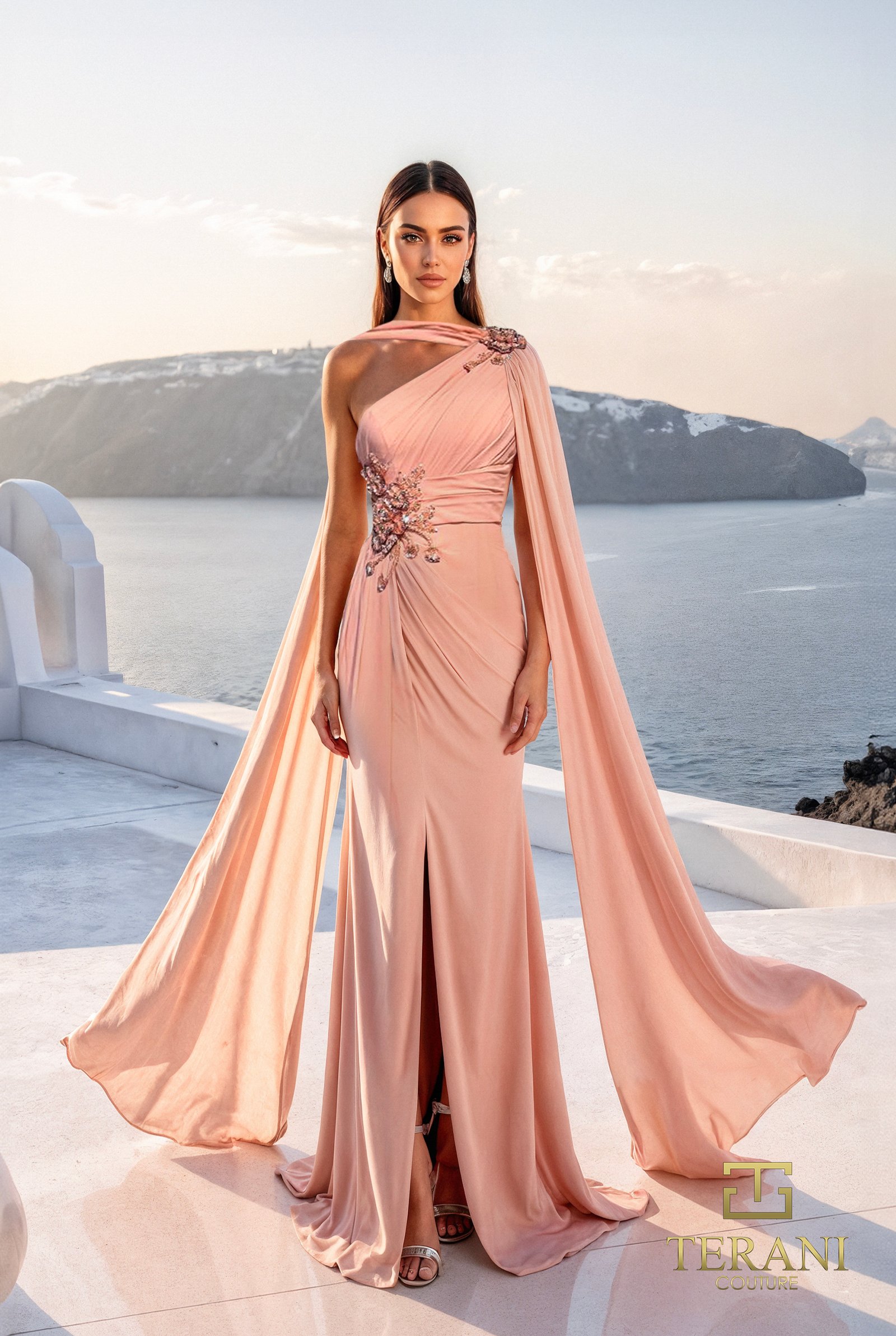 One-Shoulder Chiffon Column Gown with Cape Sleeve and Slit – 261E6205