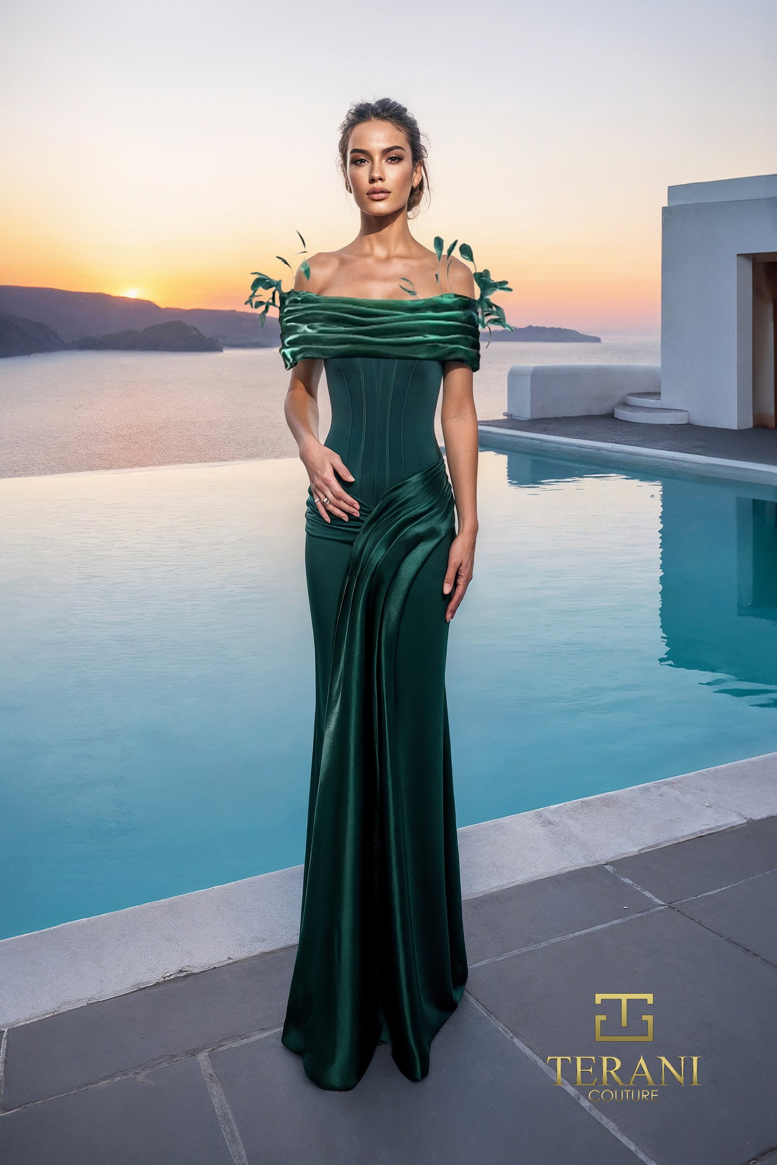 Off-Shoulder Crepe Back Satin Mermaid Gown – 261E6235
