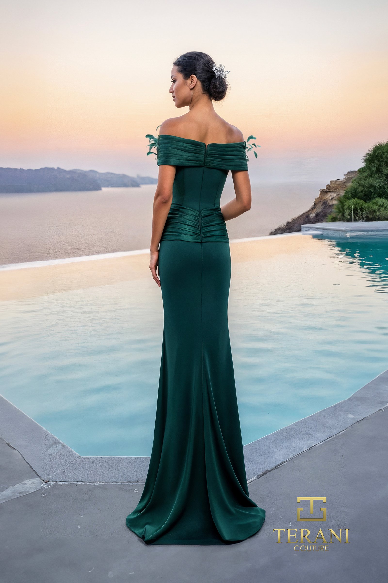 Off-Shoulder Crepe Back Satin Mermaid Gown – 261E6235