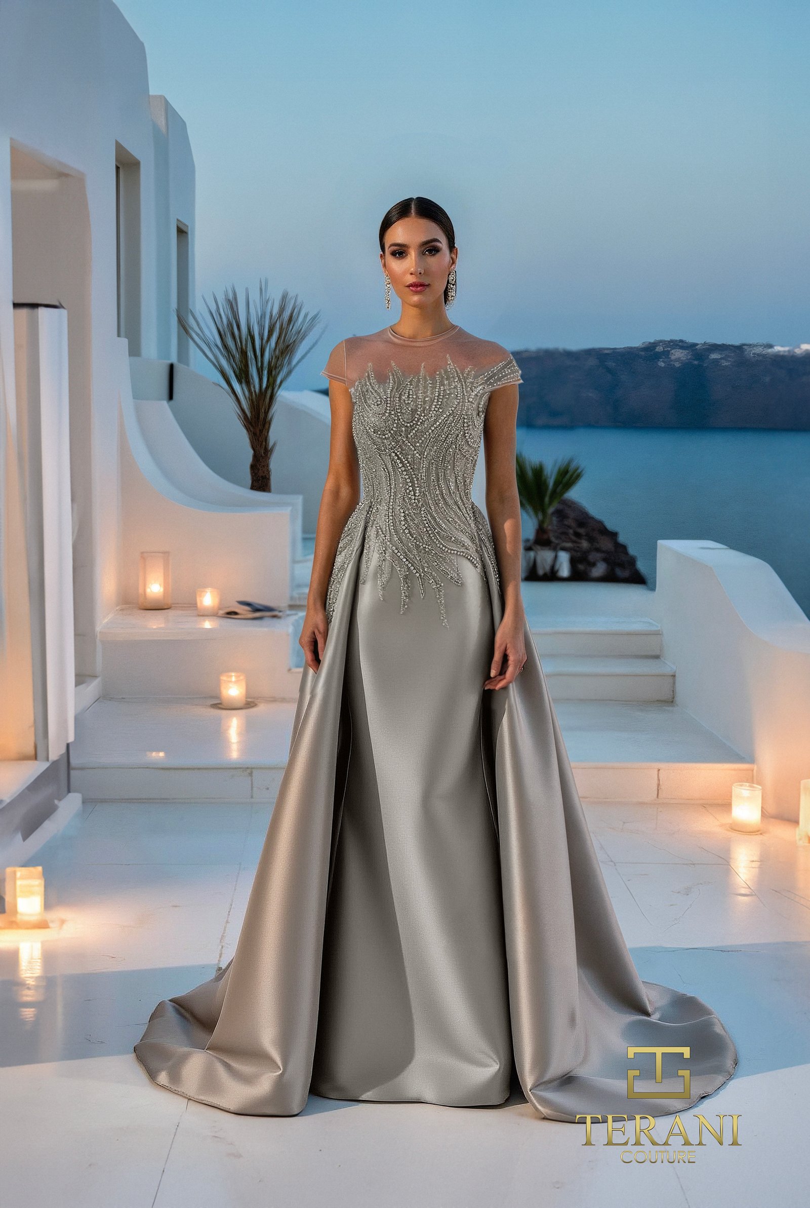 Illusion Neck Stretch Mikado Column Gown with Overskirt and Cap Sleeves – 261E6254