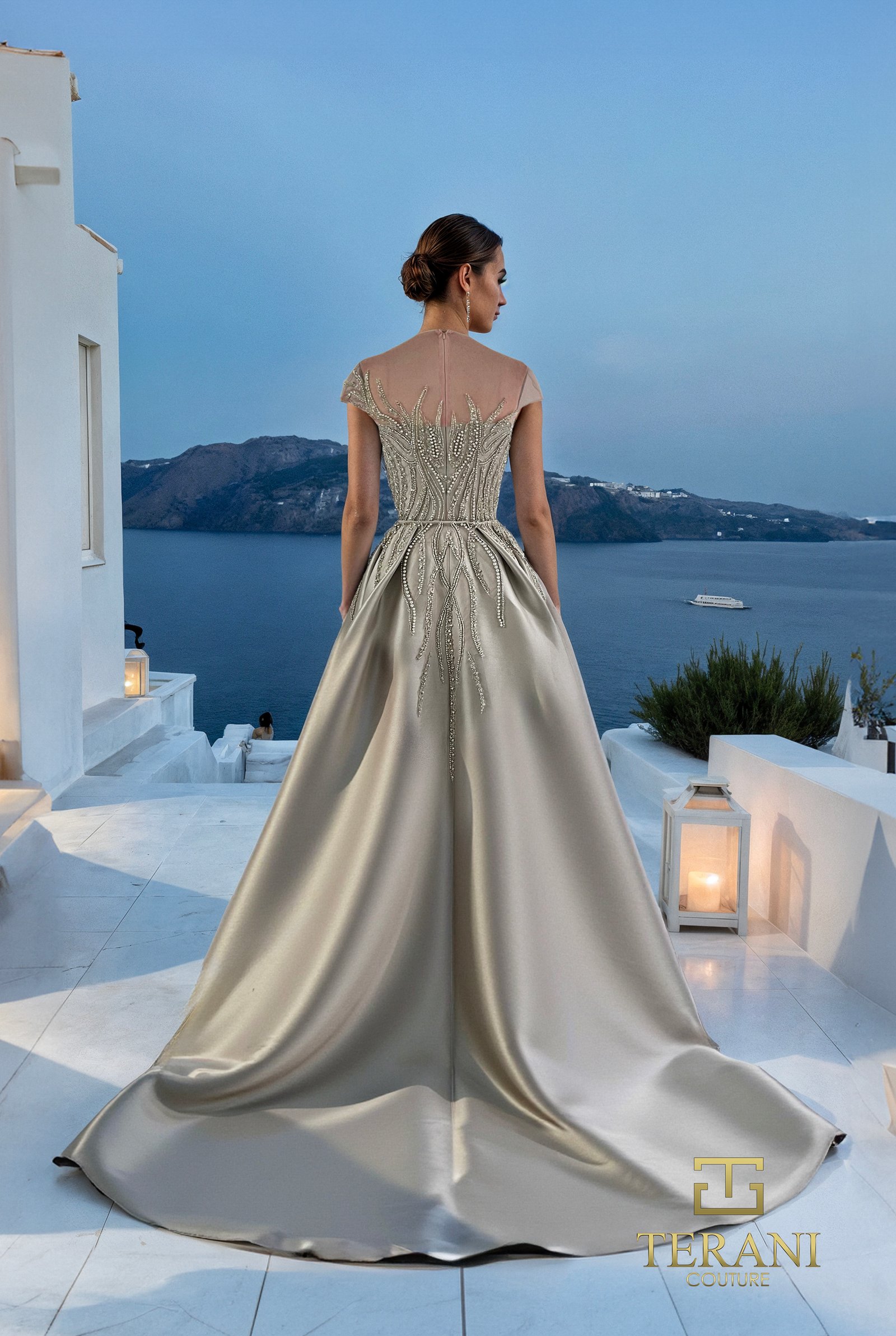Illusion Neck Stretch Mikado Column Gown with Overskirt and Cap Sleeves – 261E6254