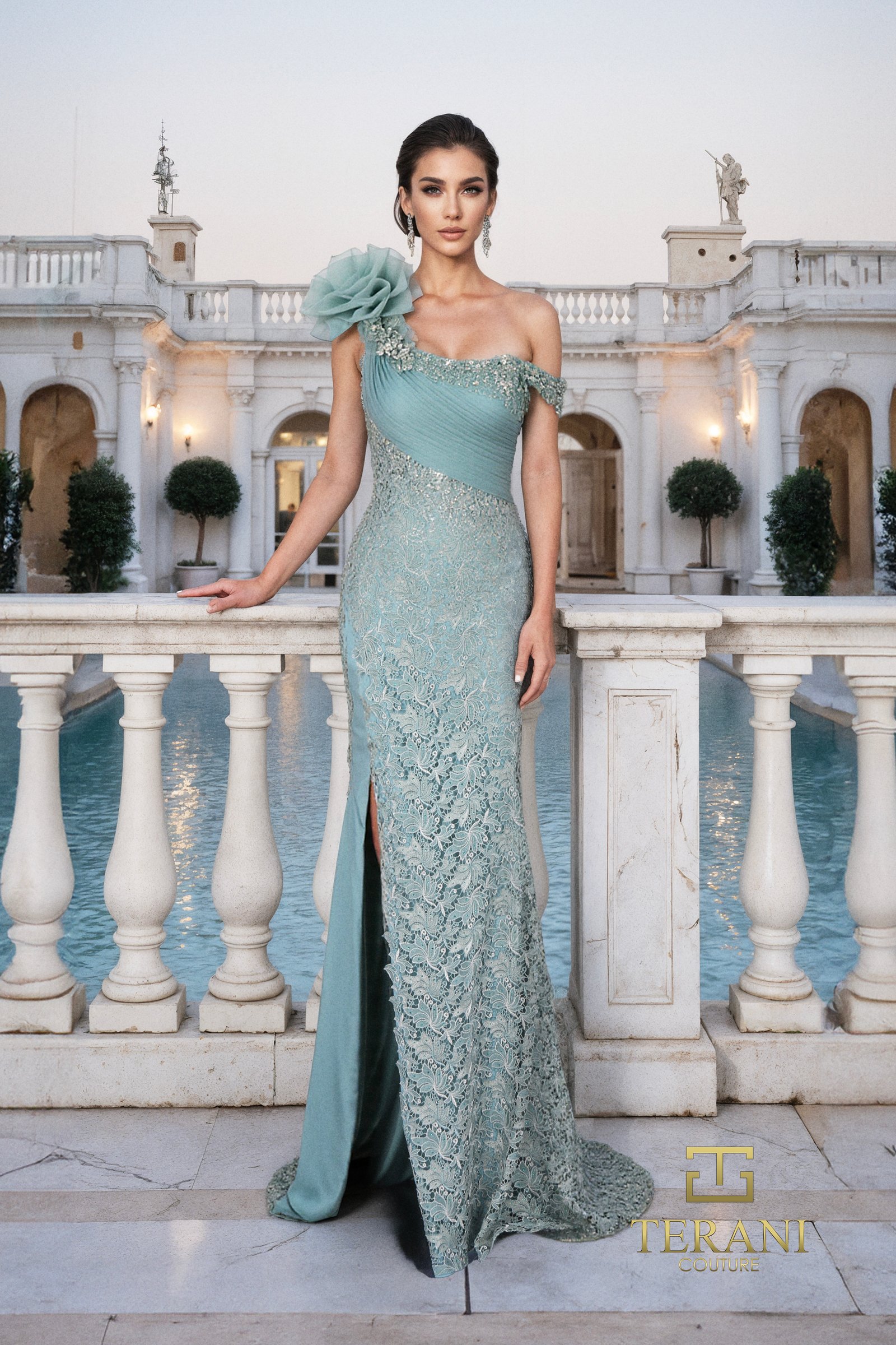 Asymmetric One-Shoulder Lace & Organza Sheath Gown – 261E6264