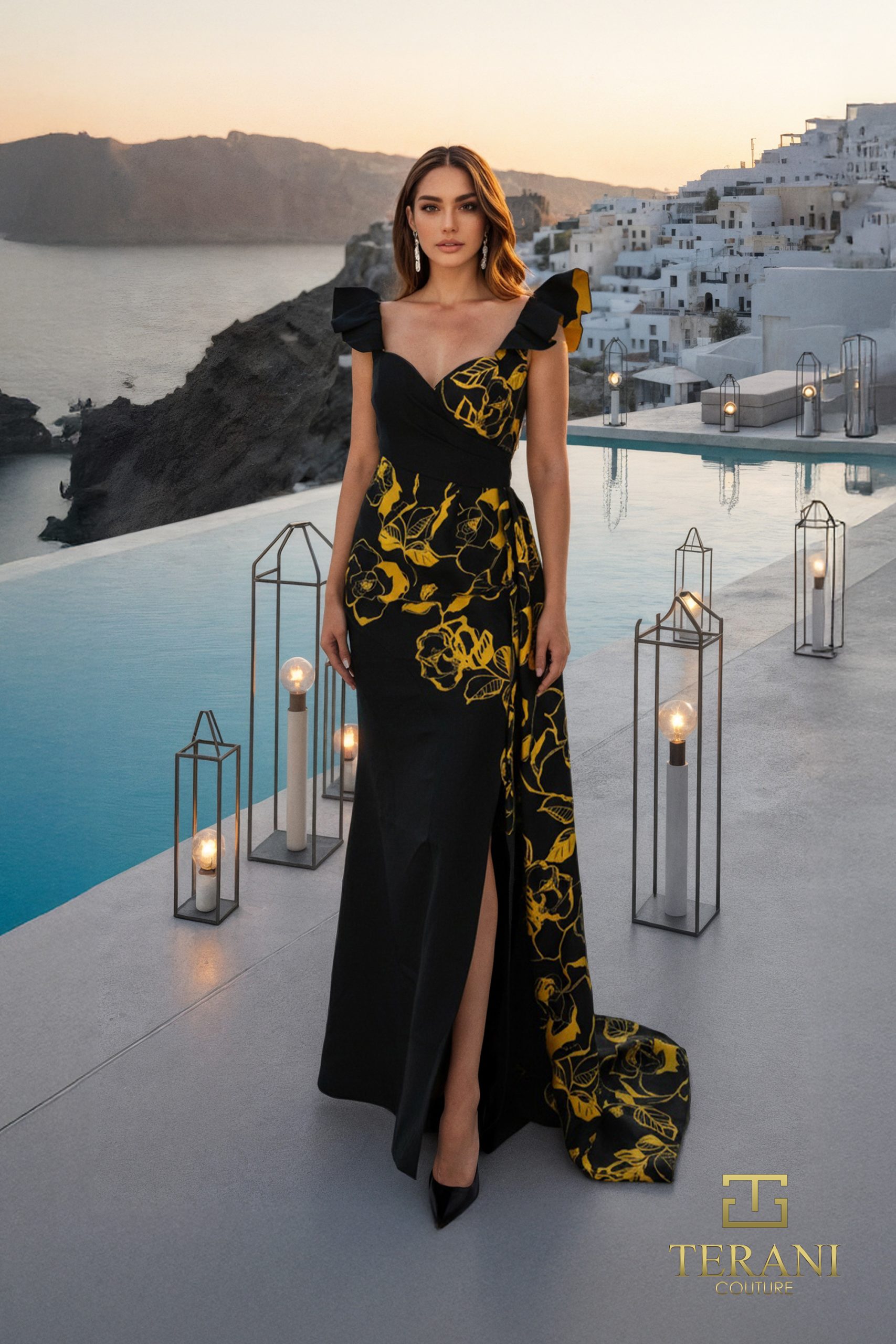 Asymmetric One-Shoulder Printed Mikado Mermaid Gown with Slit – 261E6276