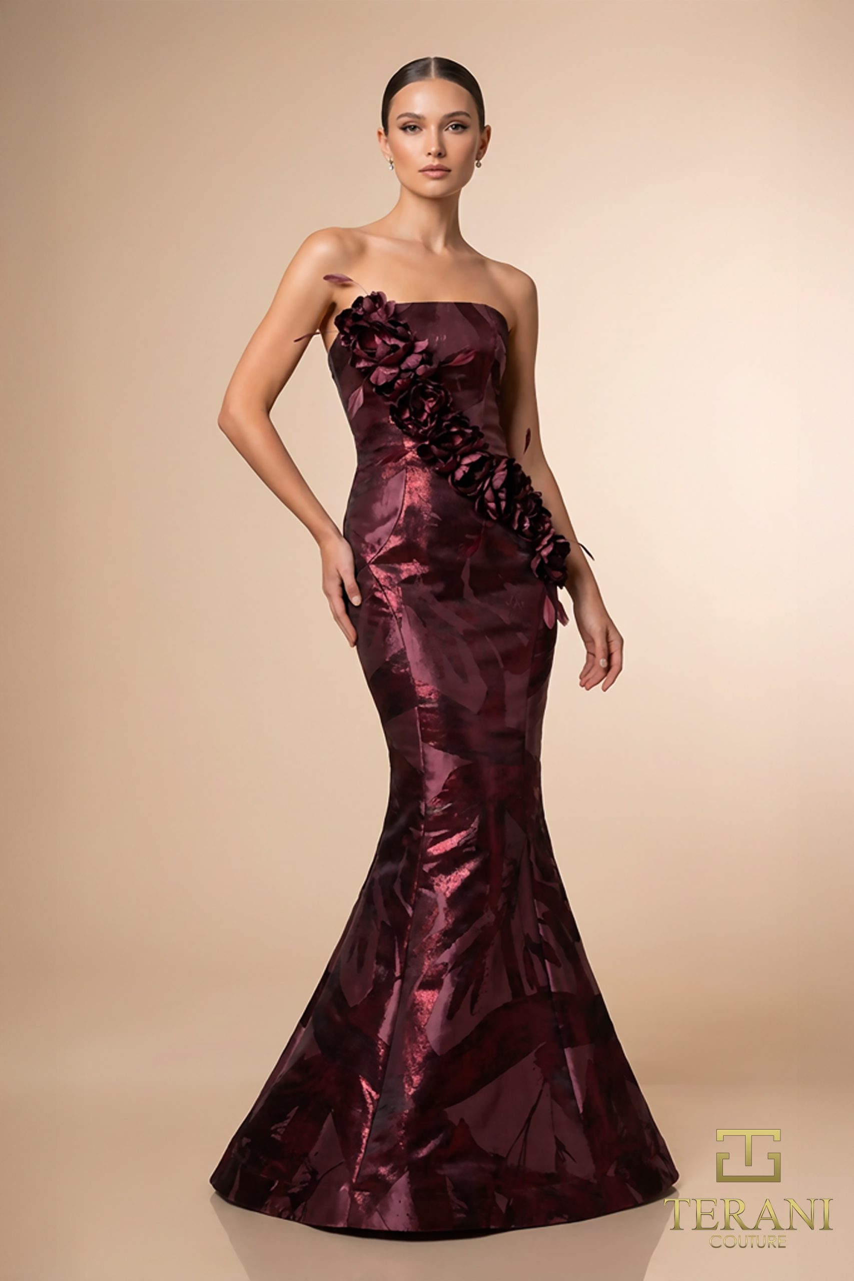Straight Neck Shimmer Jacquard Mermaid Gown – 261E6259