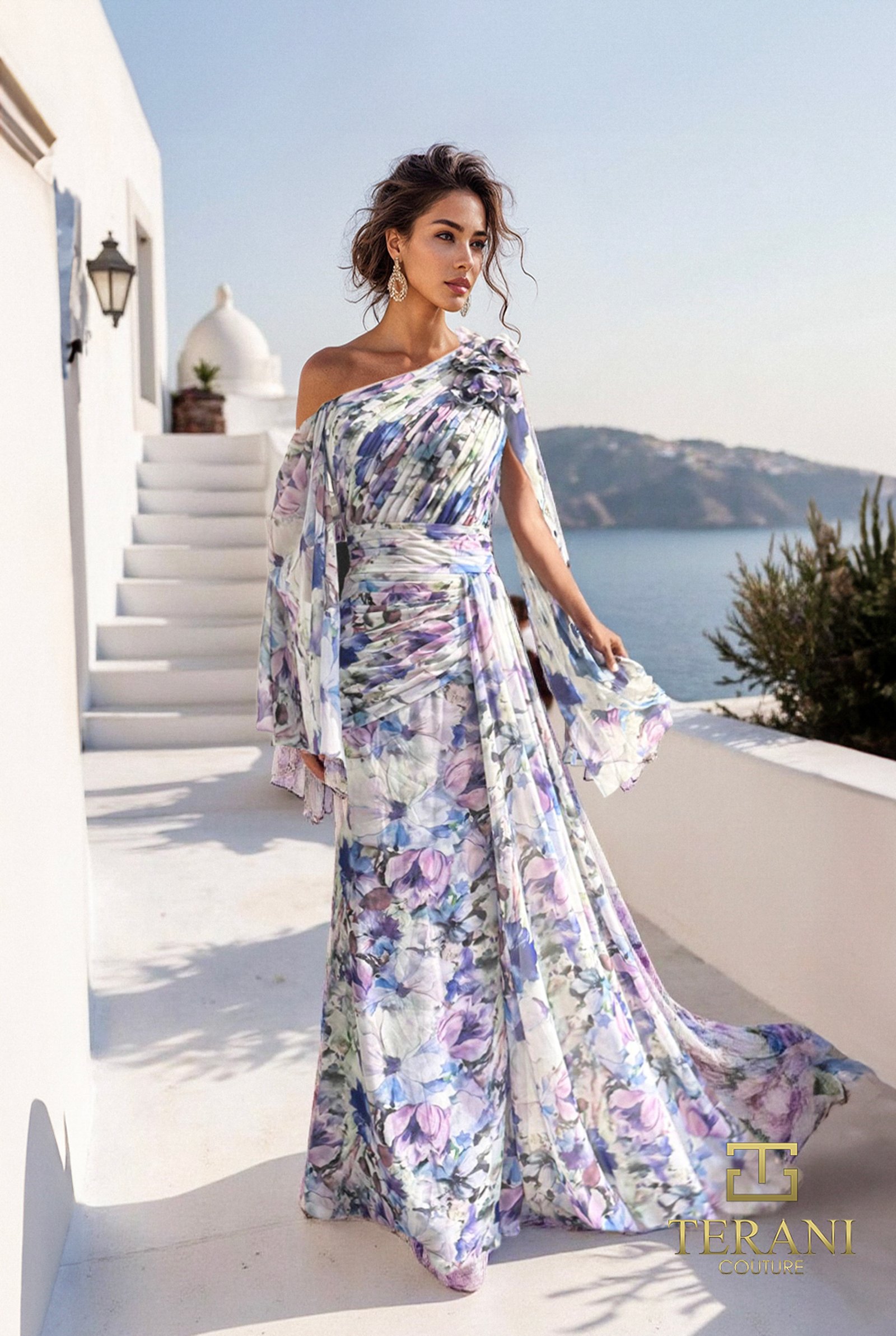 One-Shoulder Printed Chiffon A-Line Gown with Flutter Sleeves – 261E6644