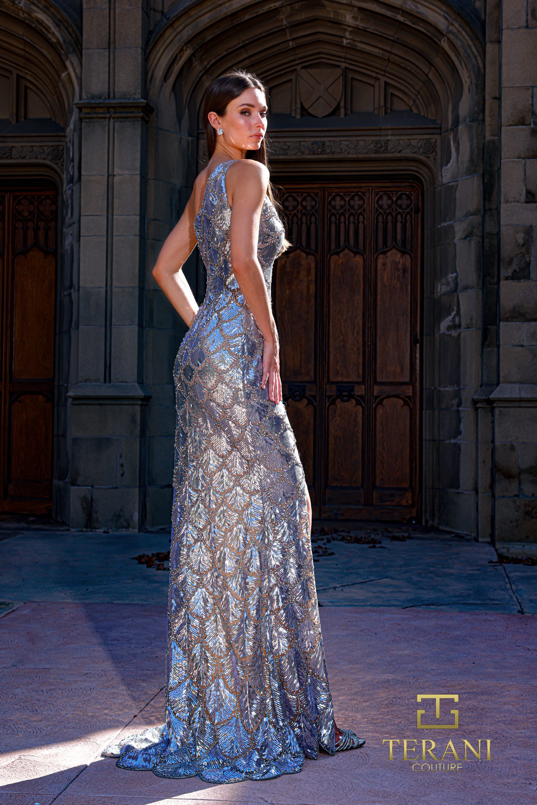 Asymmetric One-Shoulder Beaded Tulle Sheath Gown with Slit – 261GL6356
