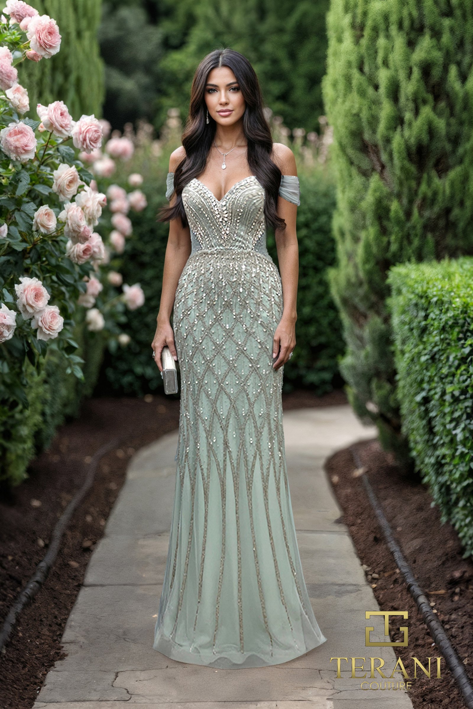 Off-Shoulder Sweetheart Beaded Tulle Sheath Gown - 261GL6365