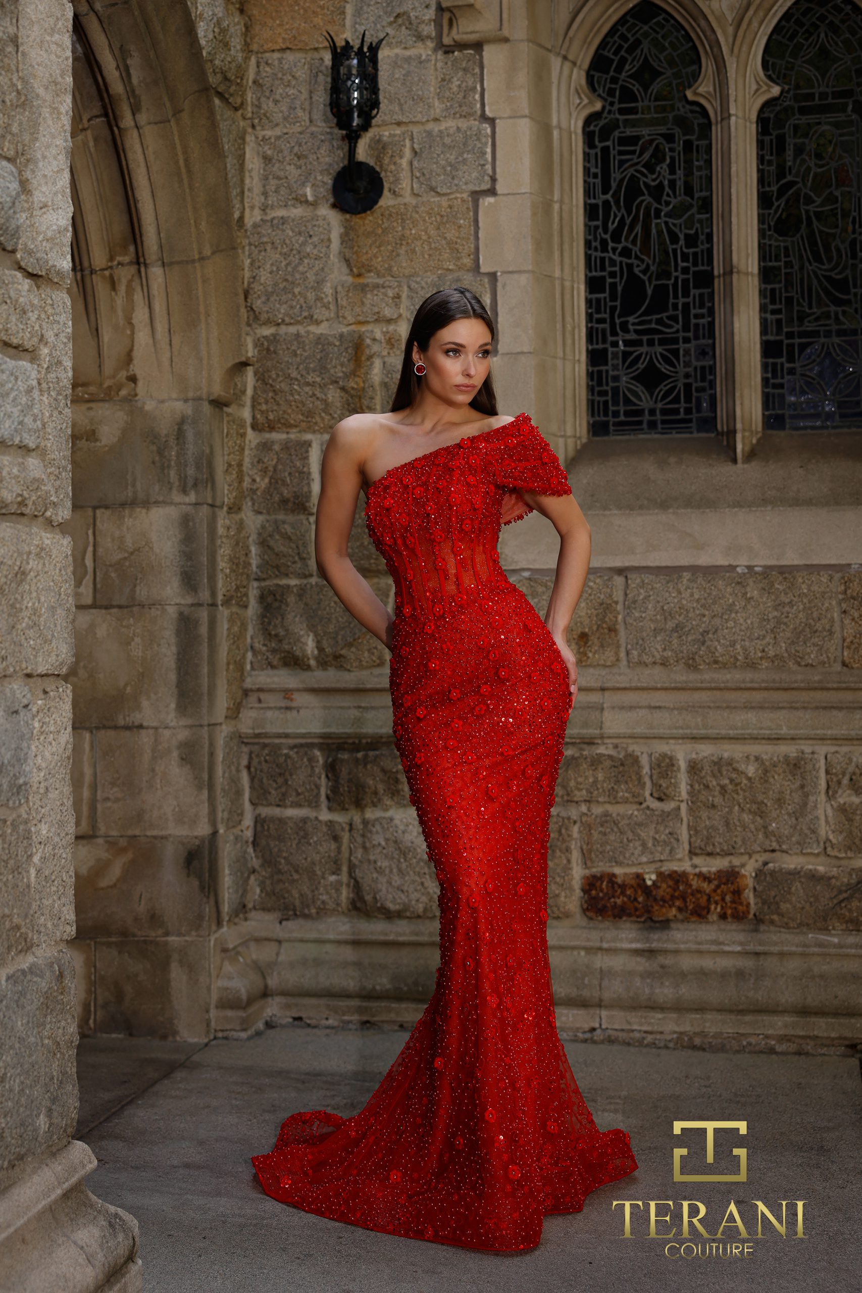 Asymmetric Off-Shoulder Beaded Tulle Sheath Gown with Cap Sleeve – 261GL6756