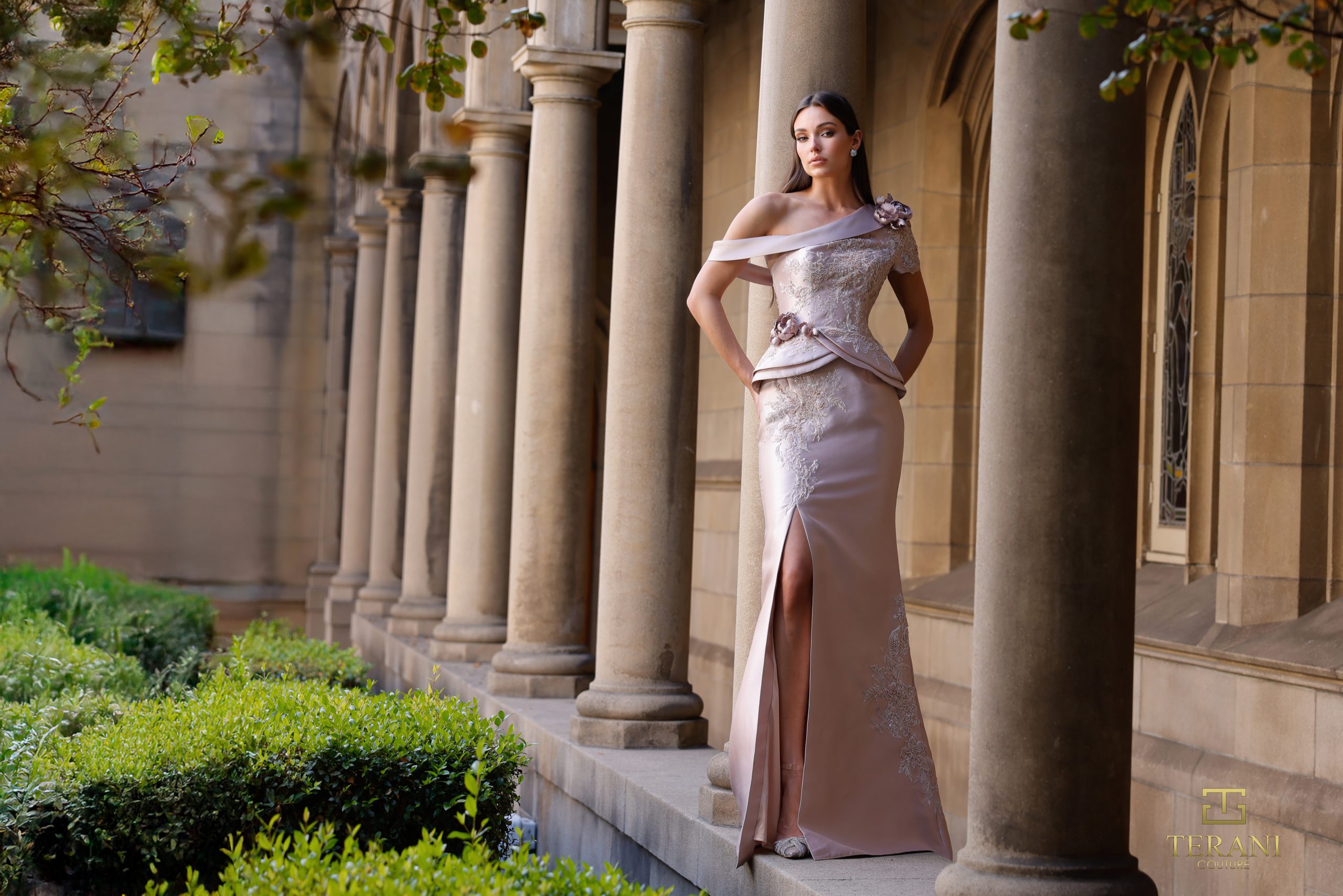 Asymmetric One-Shoulder Mikado & Lace Sheath Gown with Peplum – 261M6408