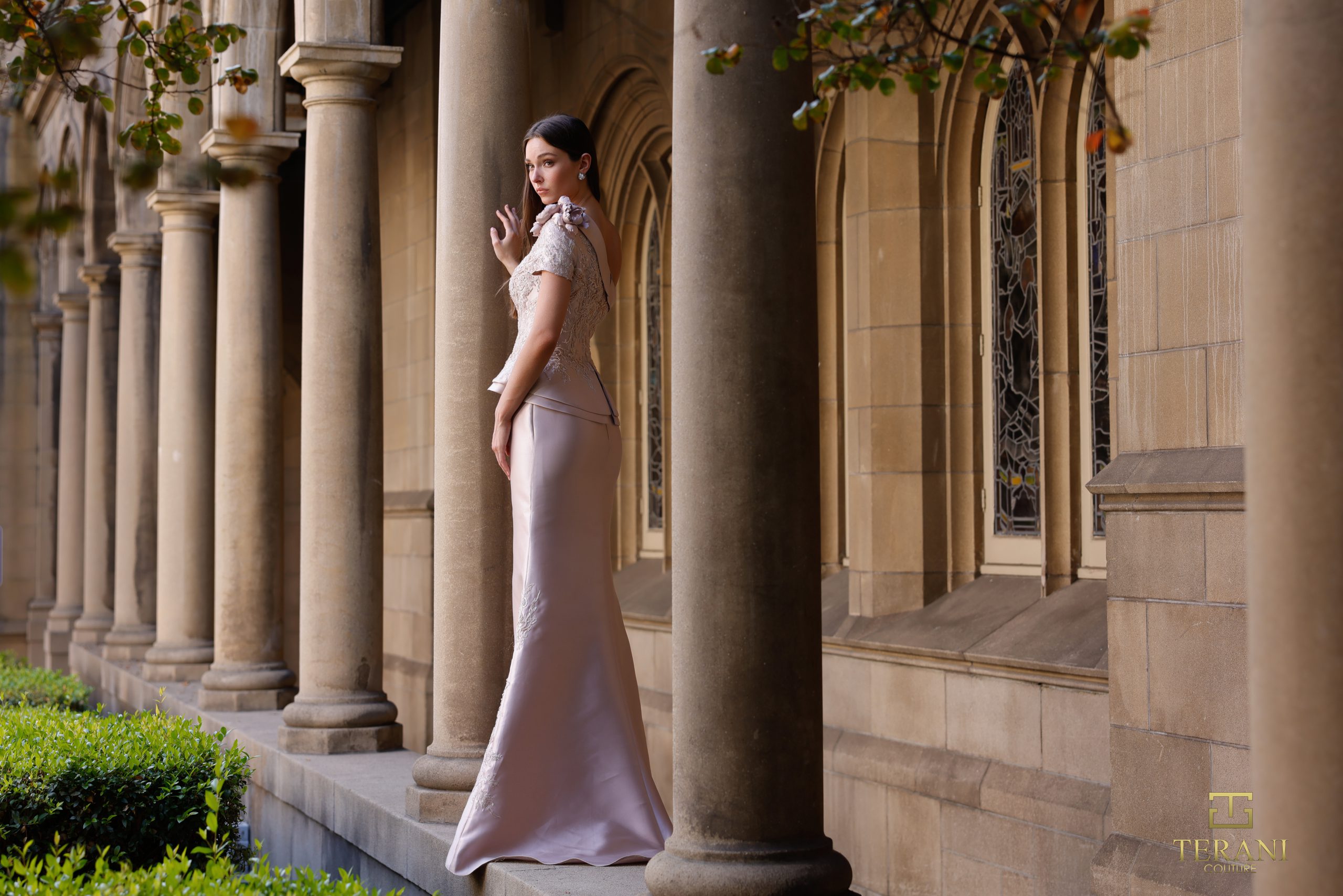 Asymmetric One-Shoulder Mikado & Lace Sheath Gown with Peplum – 261M6408